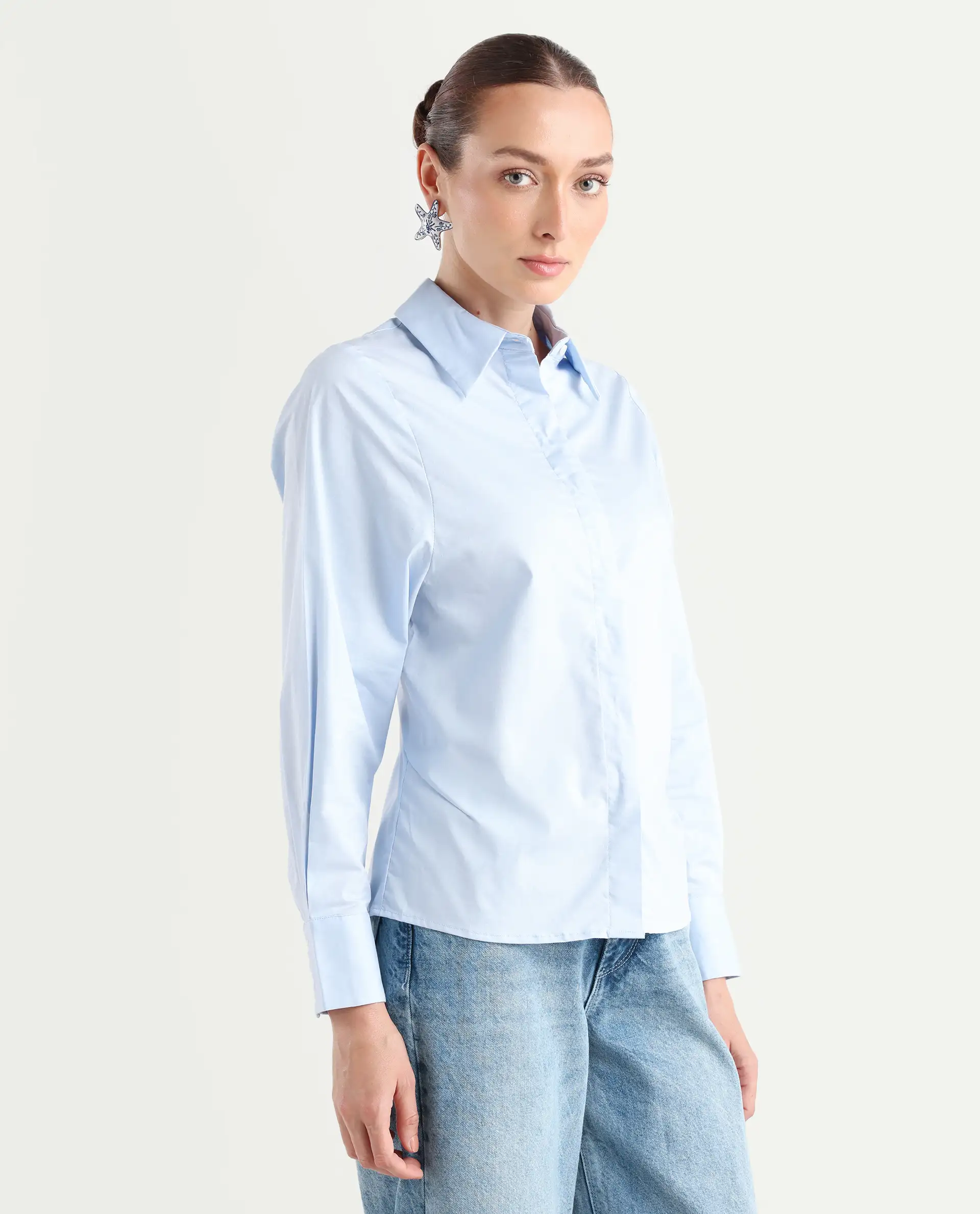 Rareism Women's Letizia Pastel Blue Cotton Blend Spread Collar Plain Relaxed Fit Shirt - Image 7