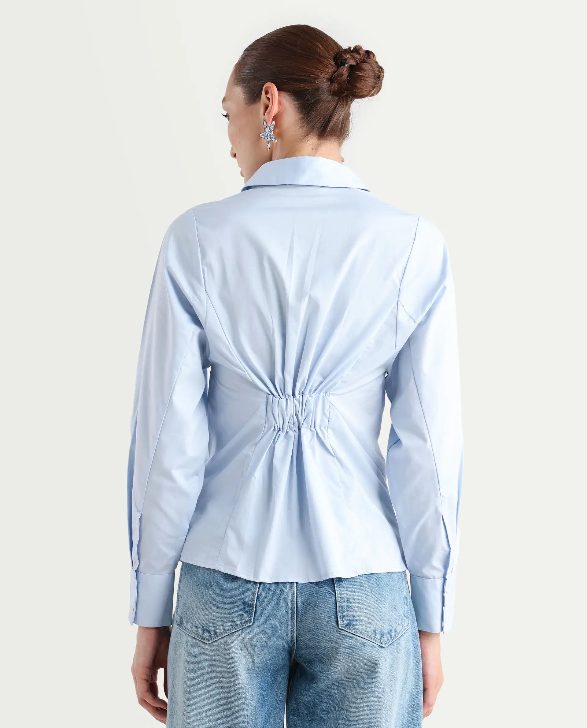 Rareism Women's Letizia Pastel Blue Cotton Blend Spread Collar Plain Relaxed Fit Shirt - Image 8