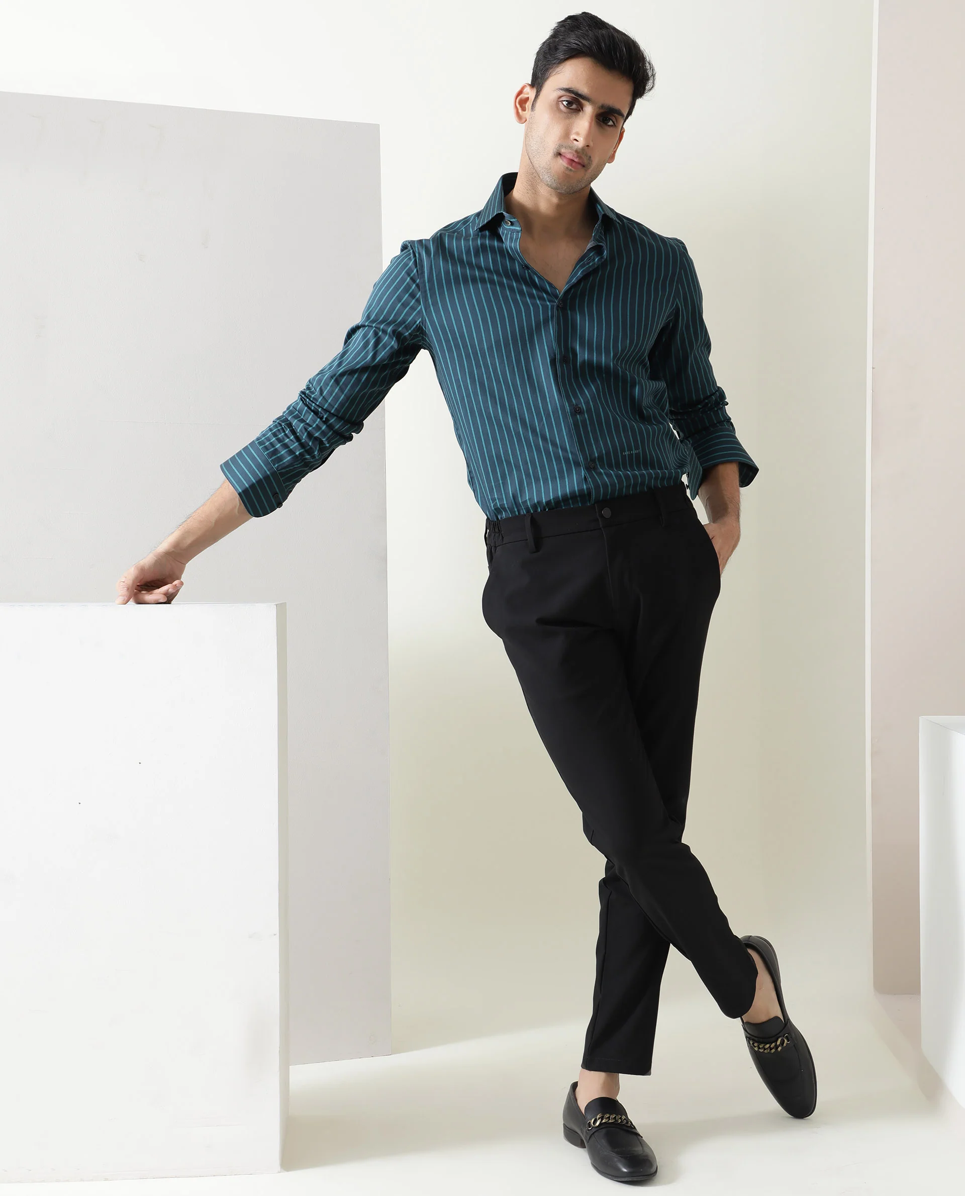 Rare Rabbit Men's Leto Dark Green Cotton Striped Print Tailored Fit Full Sleeve Collared Shirt - Image 2