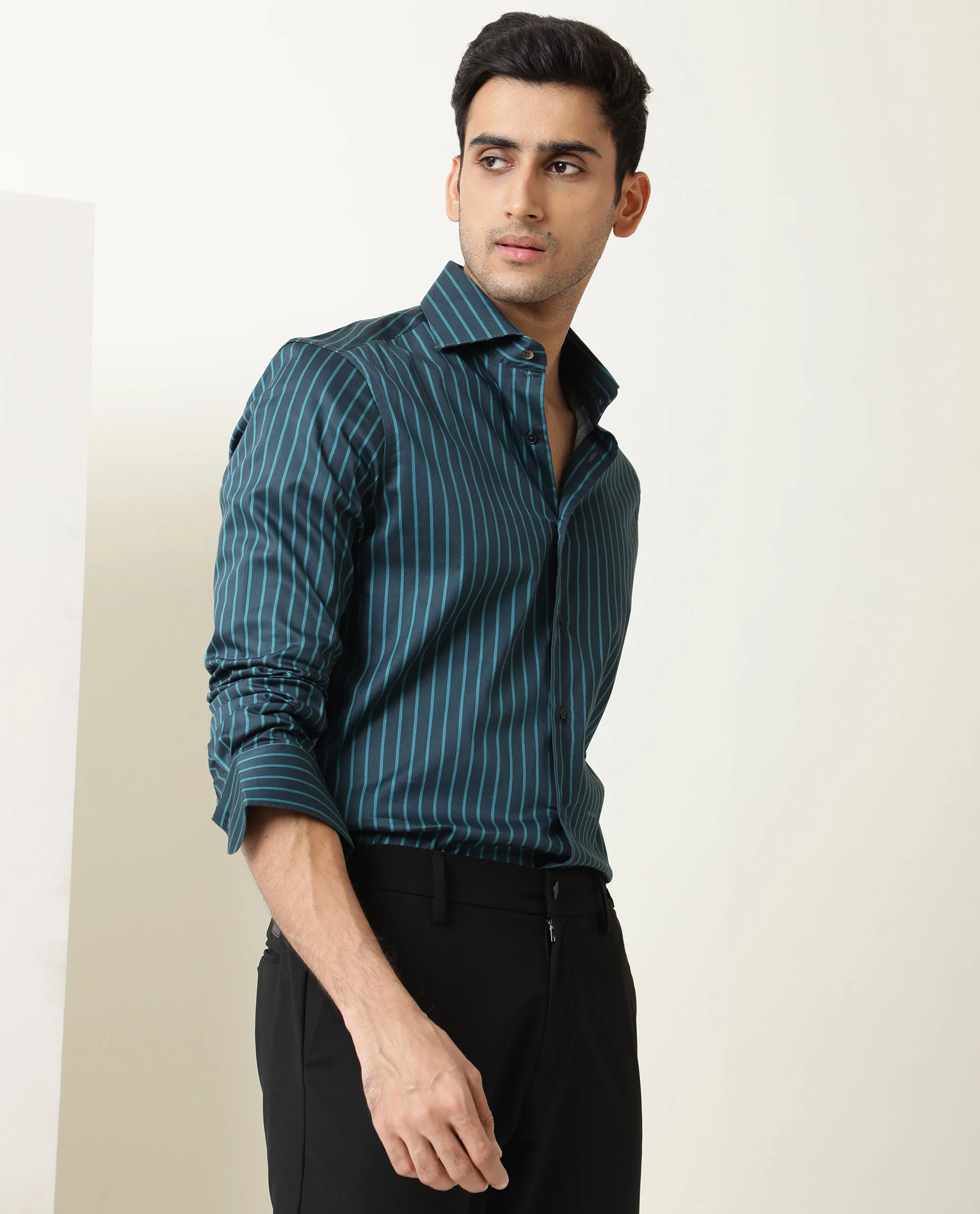 Rare Rabbit Men's Leto Dark Green Cotton Striped Print Tailored Fit Full Sleeve Collared Shirt - Image 3