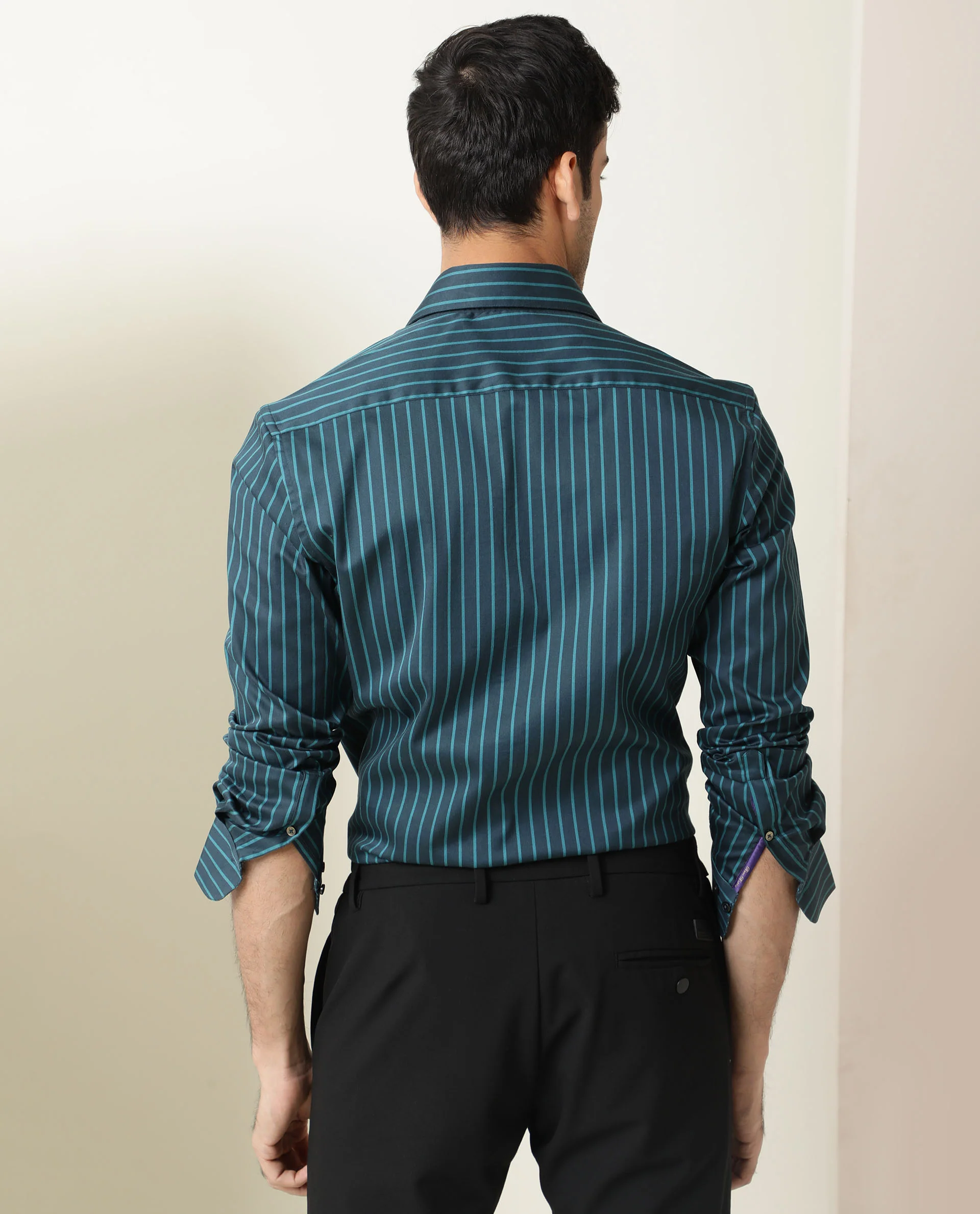 Rare Rabbit Men's Leto Dark Green Cotton Striped Print Tailored Fit Full Sleeve Collared Shirt - Image 7