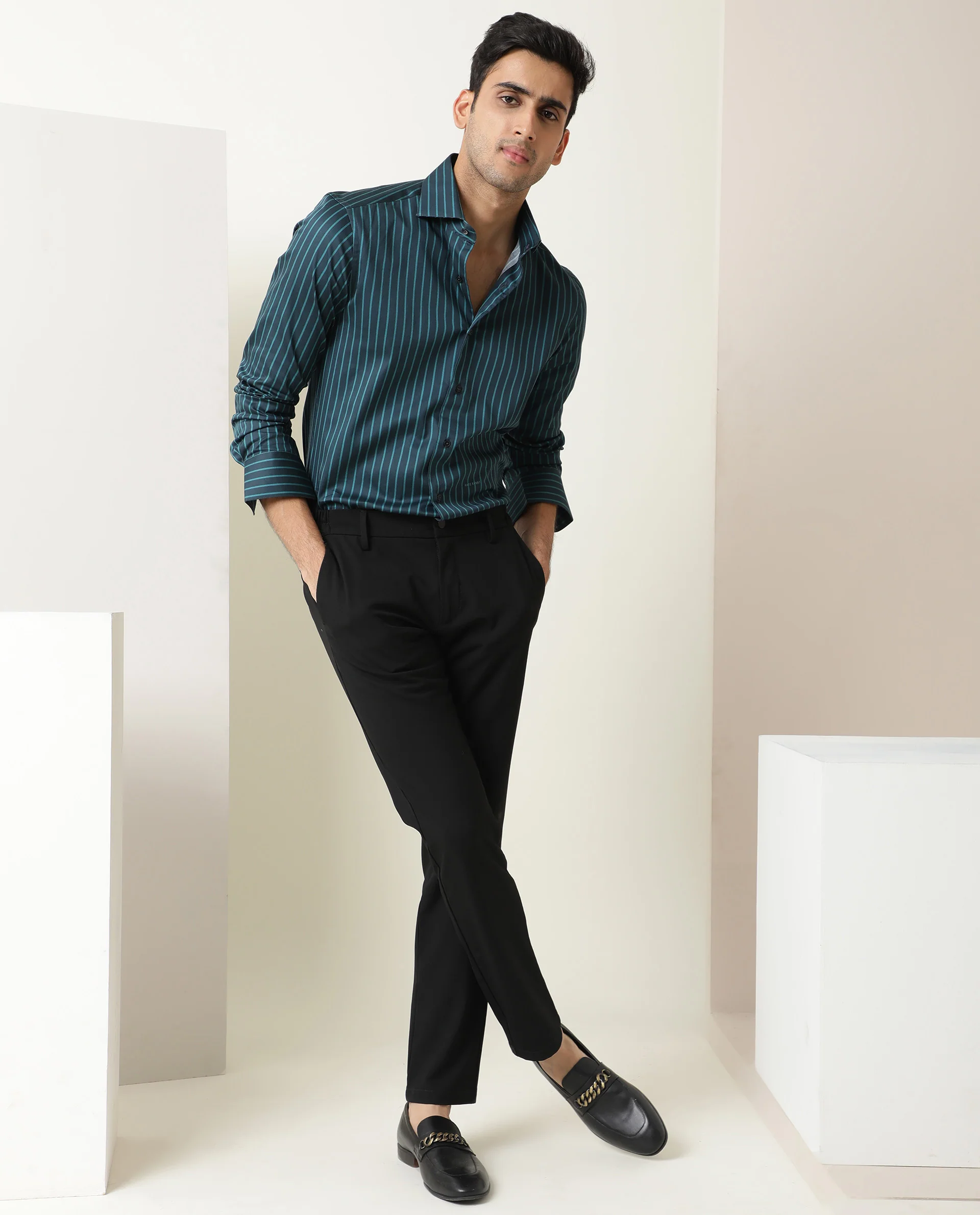 Rare Rabbit Men's Leto Dark Green Cotton Striped Print Tailored Fit Full Sleeve Collared Shirt - Image 8