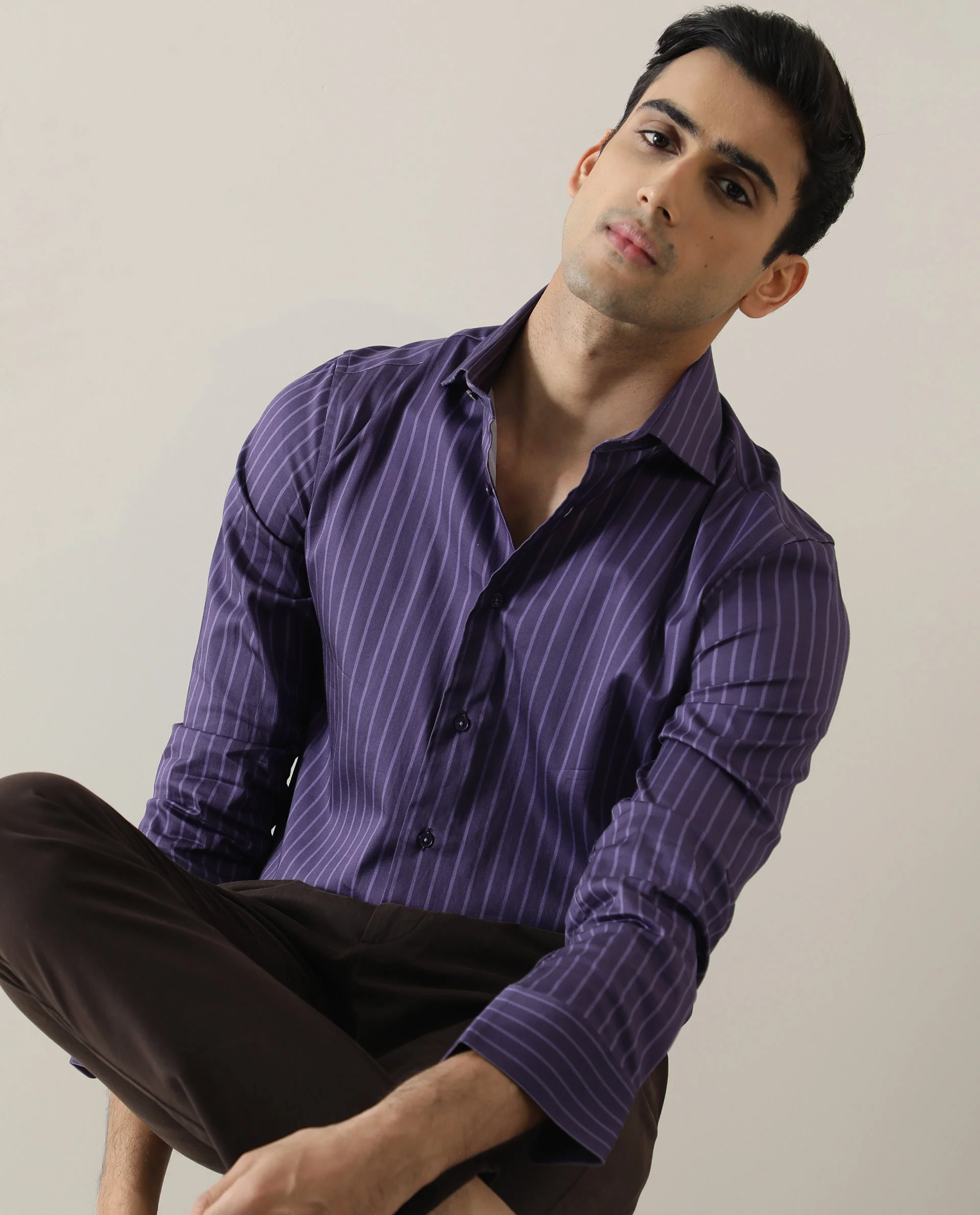 Rare Rabbit Men's Leto Purple Cotton Striped Print Tailored Fit Full Sleeve Collared Shirt - Image 2
