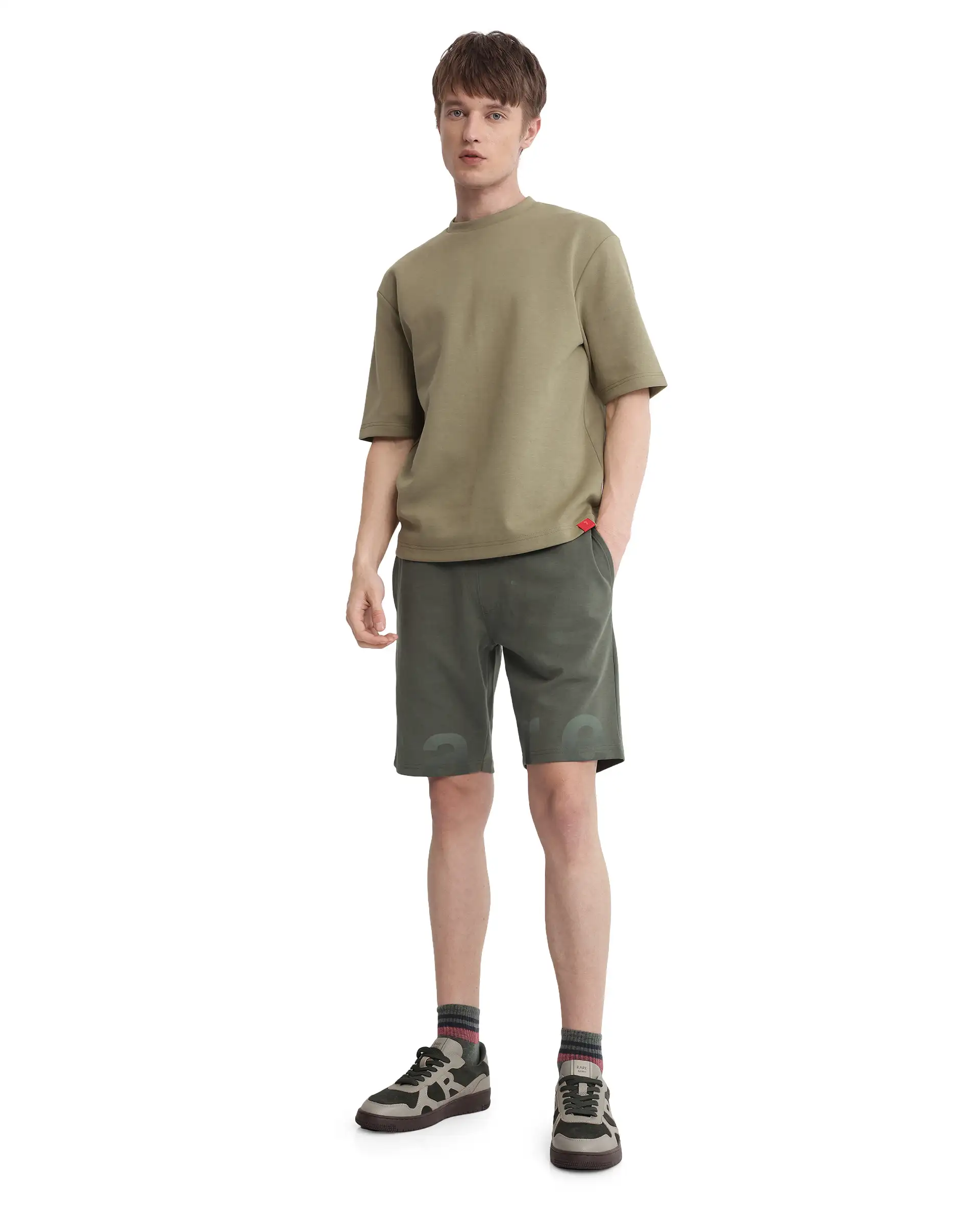 Rare Rabbit Men's Lets Dusky Green Cotton Graphic Print Regular Fit Shorts - Image 2