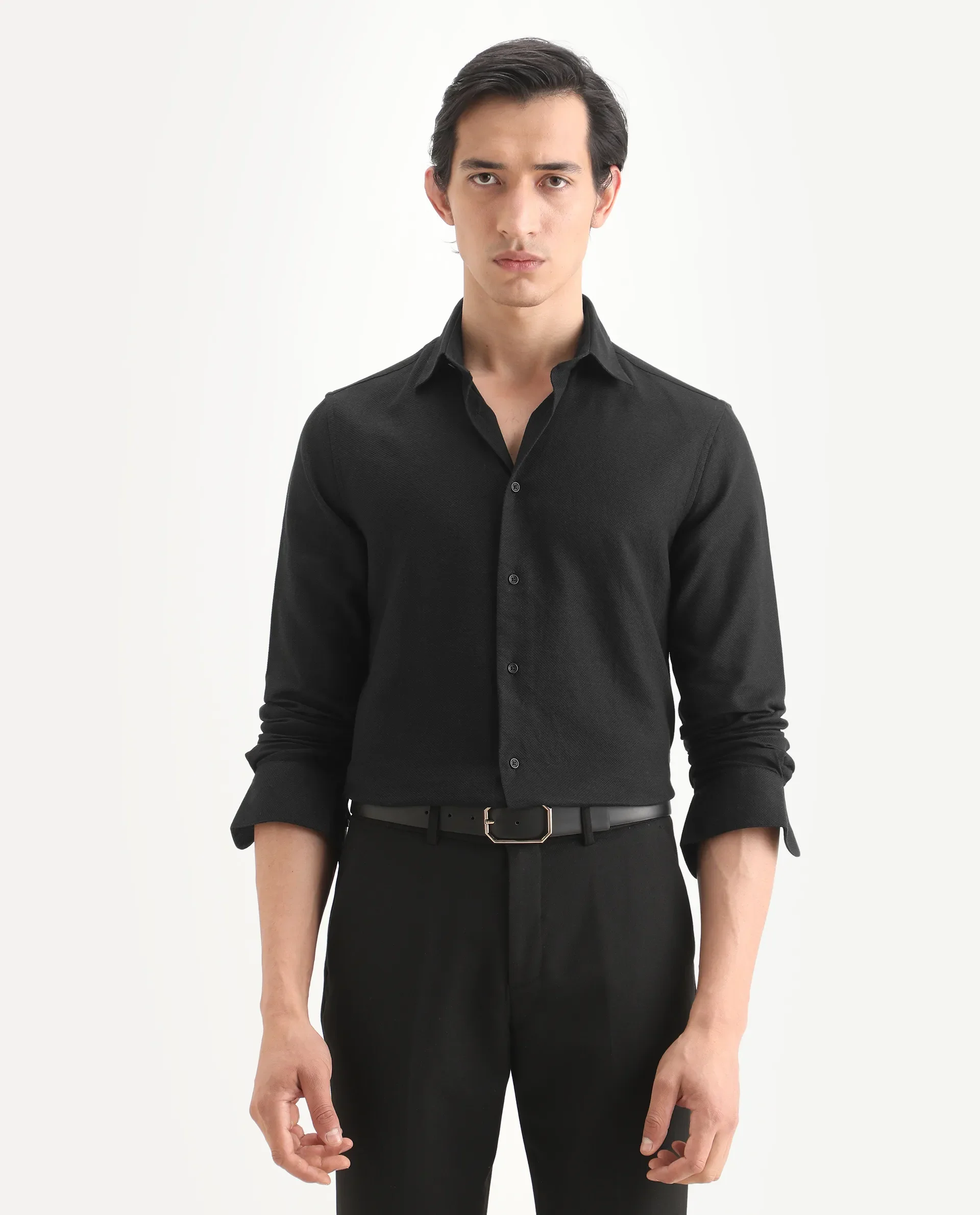 Rare Rabbit Men's Leven Black Cotton Fabric Spread Collar Regular Fit Plain Shirt - Image 3
