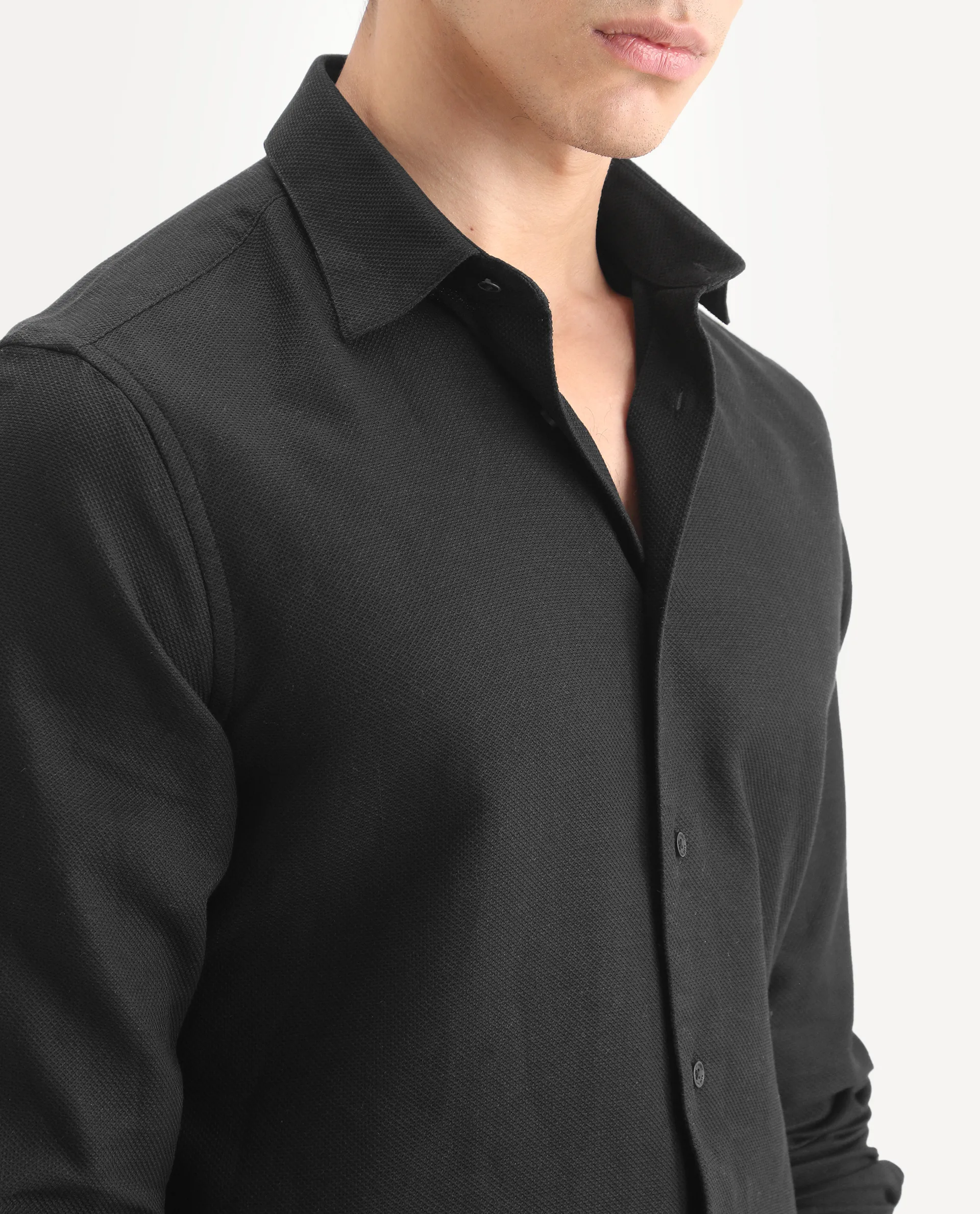 Rare Rabbit Men's Leven Black Cotton Fabric Spread Collar Regular Fit Plain Shirt - Image 4