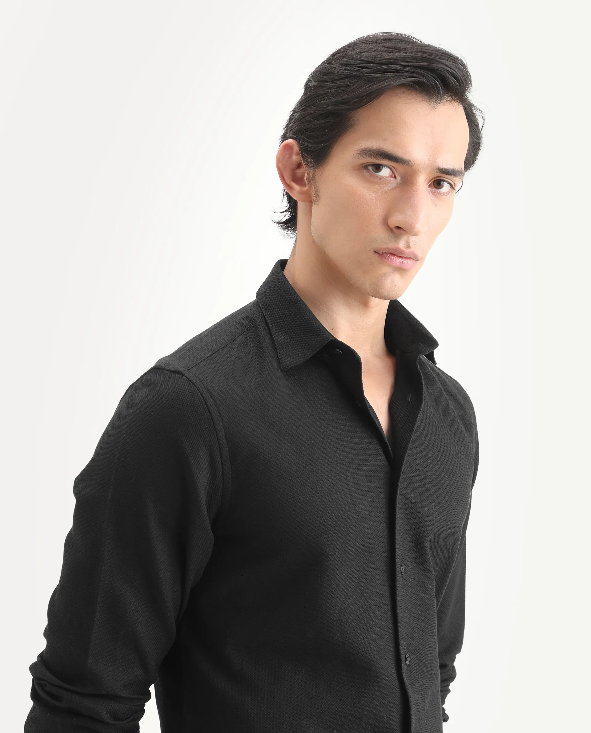 Rare Rabbit Men's Leven Black Cotton Fabric Spread Collar Regular Fit Plain Shirt - Image 5