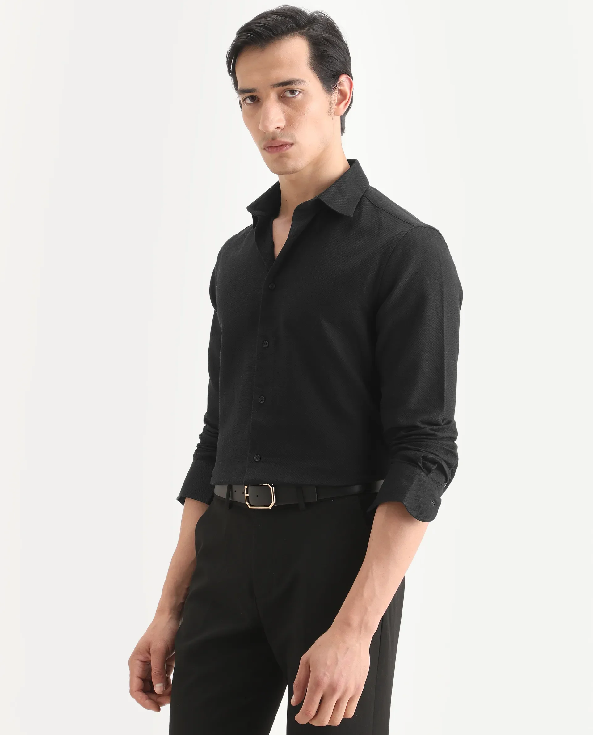 Rare Rabbit Men's Leven Black Cotton Fabric Spread Collar Regular Fit Plain Shirt - Image 6