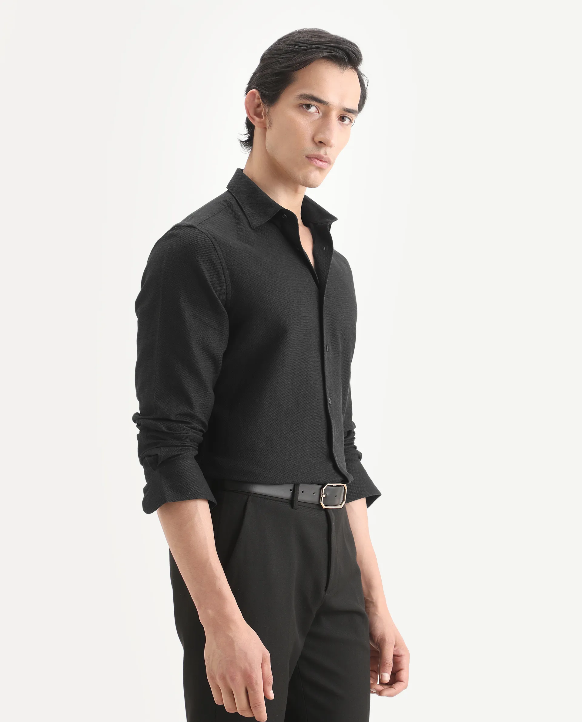 Rare Rabbit Men's Leven Black Cotton Fabric Spread Collar Regular Fit Plain Shirt - Image 7
