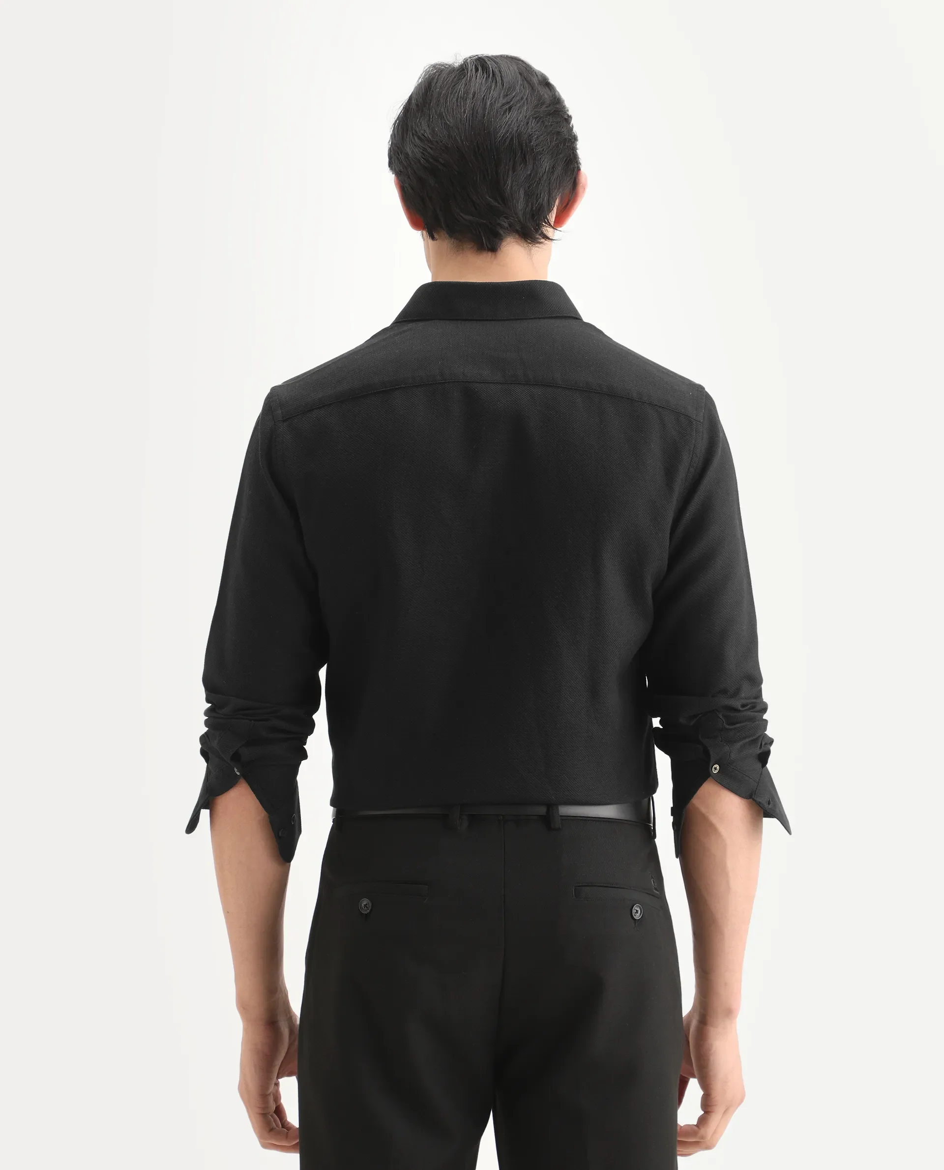 Rare Rabbit Men's Leven Black Cotton Fabric Spread Collar Regular Fit Plain Shirt - Image 8