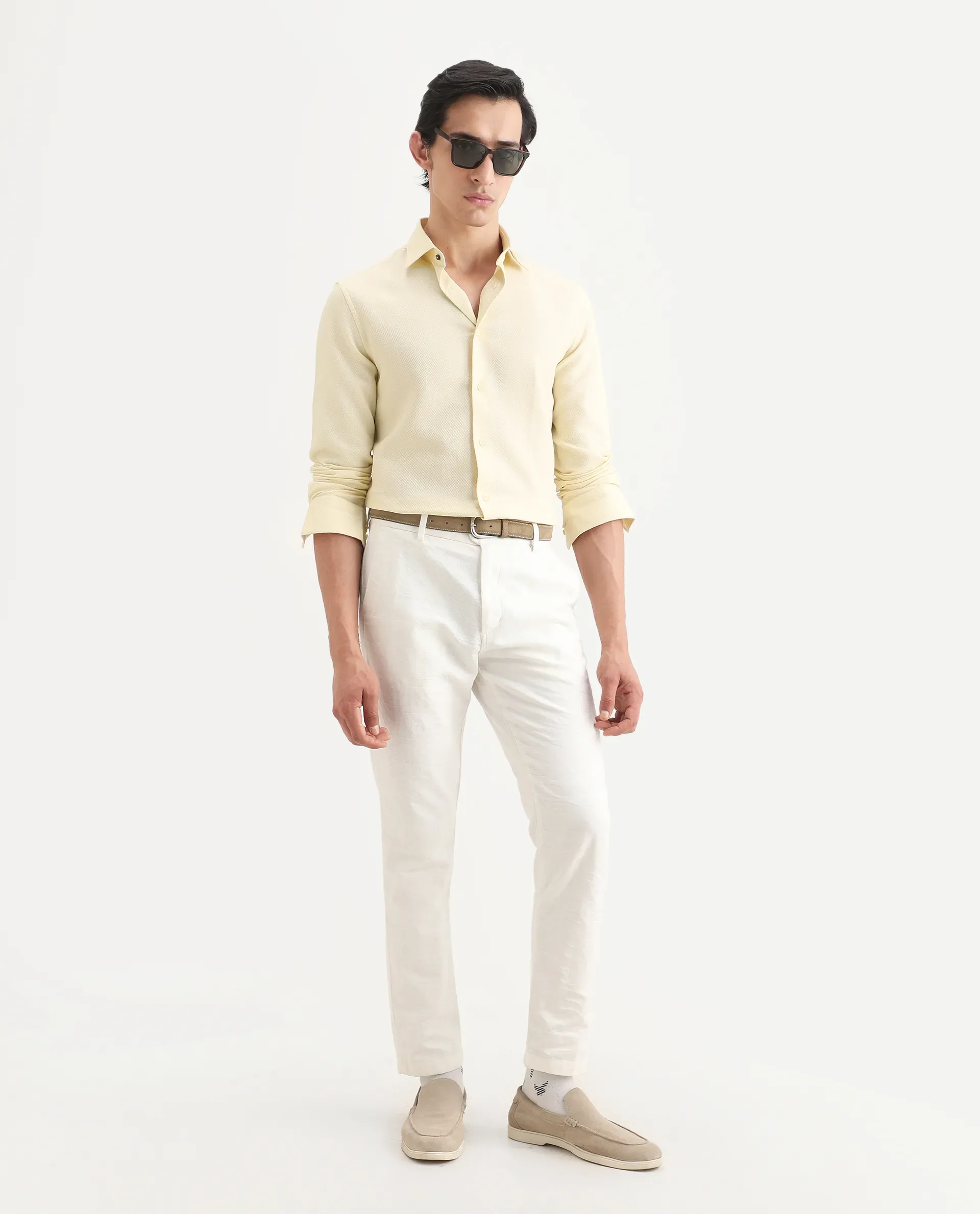 Rare Rabbit Men's Leven Light Yellow Cotton Fabric Spread Collar Regular Fit Plain Shirt - Image 2