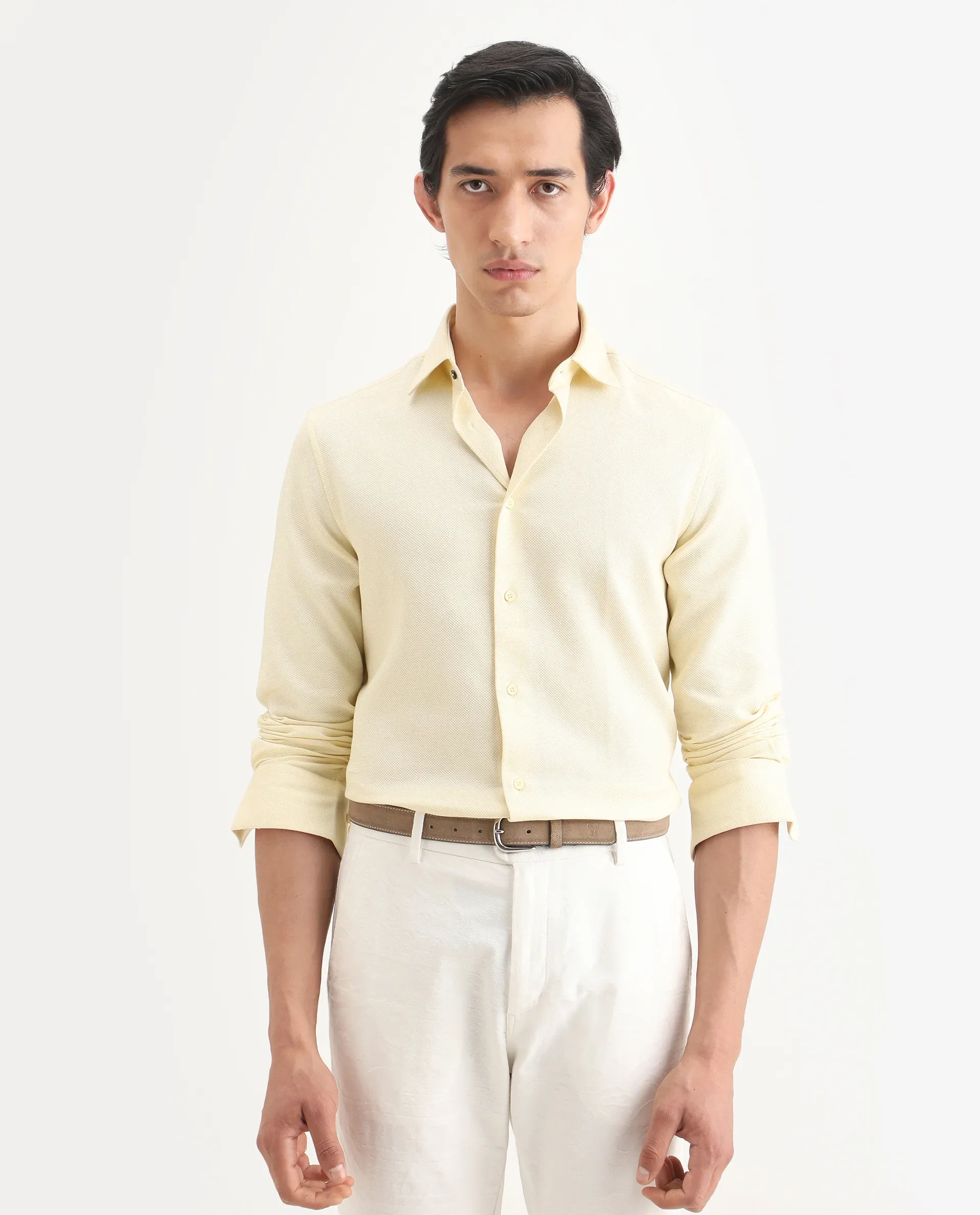 Rare Rabbit Men's Leven Light Yellow Cotton Fabric Spread Collar Regular Fit Plain Shirt - Image 3
