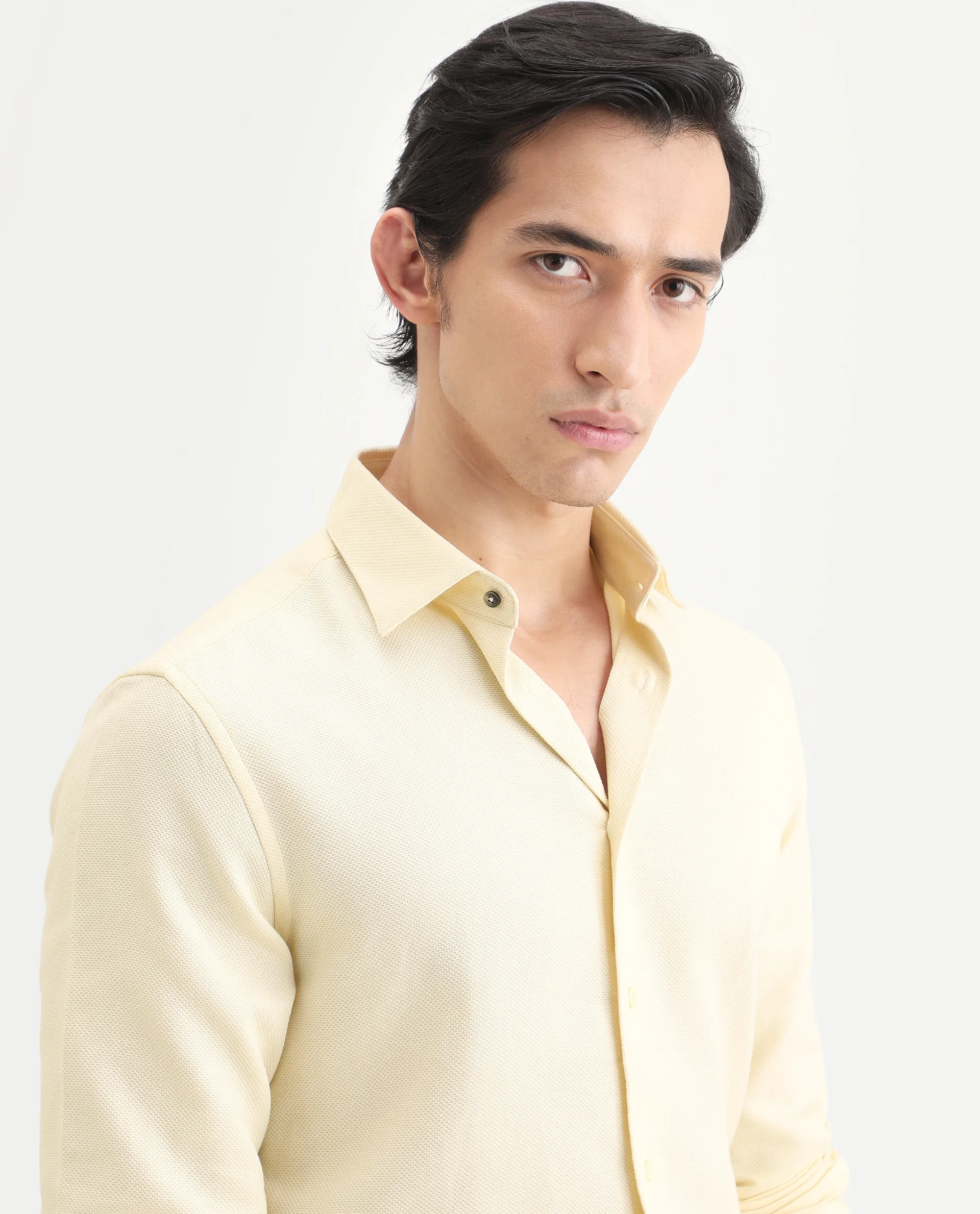 Rare Rabbit Men's Leven Light Yellow Cotton Fabric Spread Collar Regular Fit Plain Shirt - Image 5