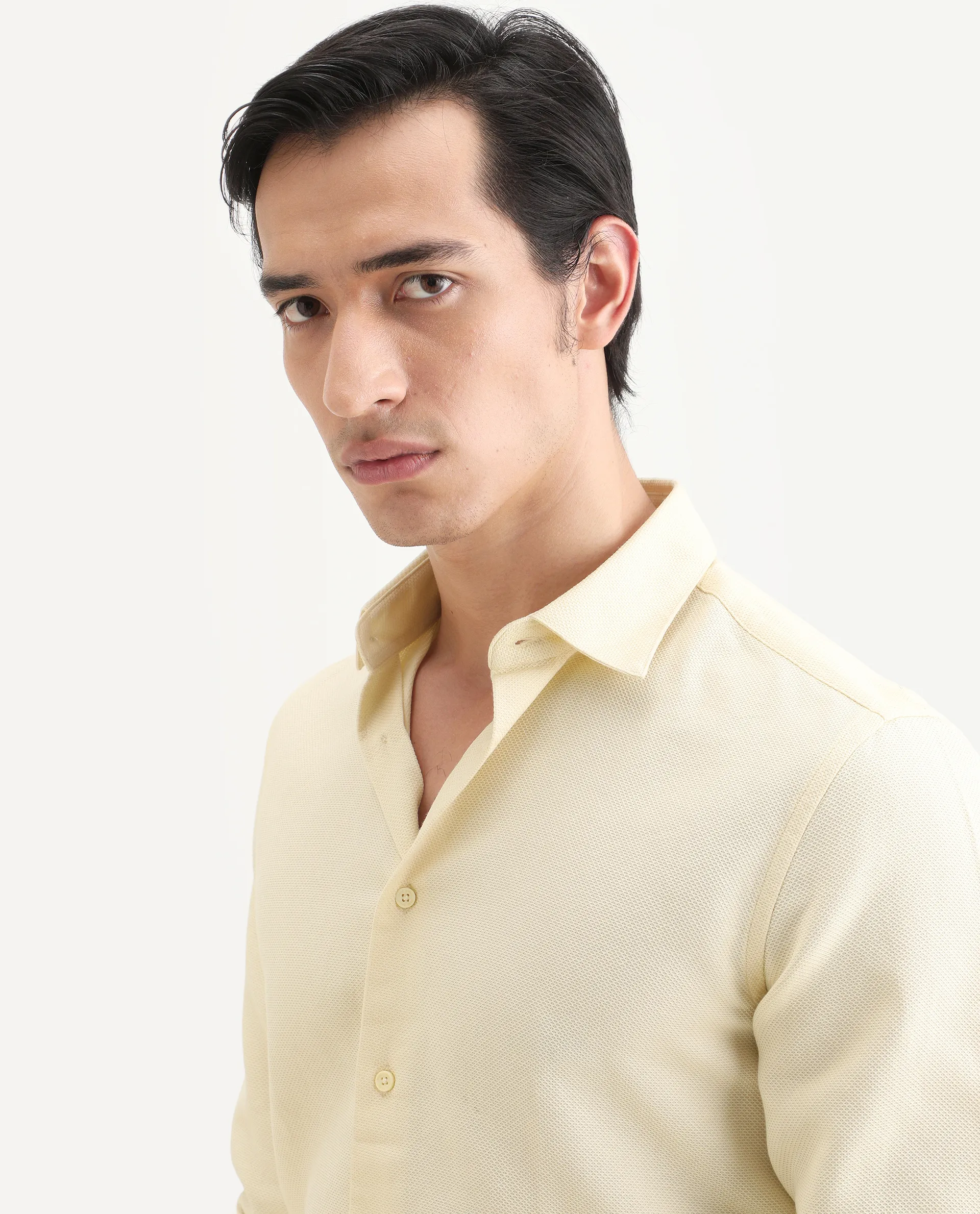 Rare Rabbit Men's Leven Light Yellow Cotton Fabric Spread Collar Regular Fit Plain Shirt - Image 6