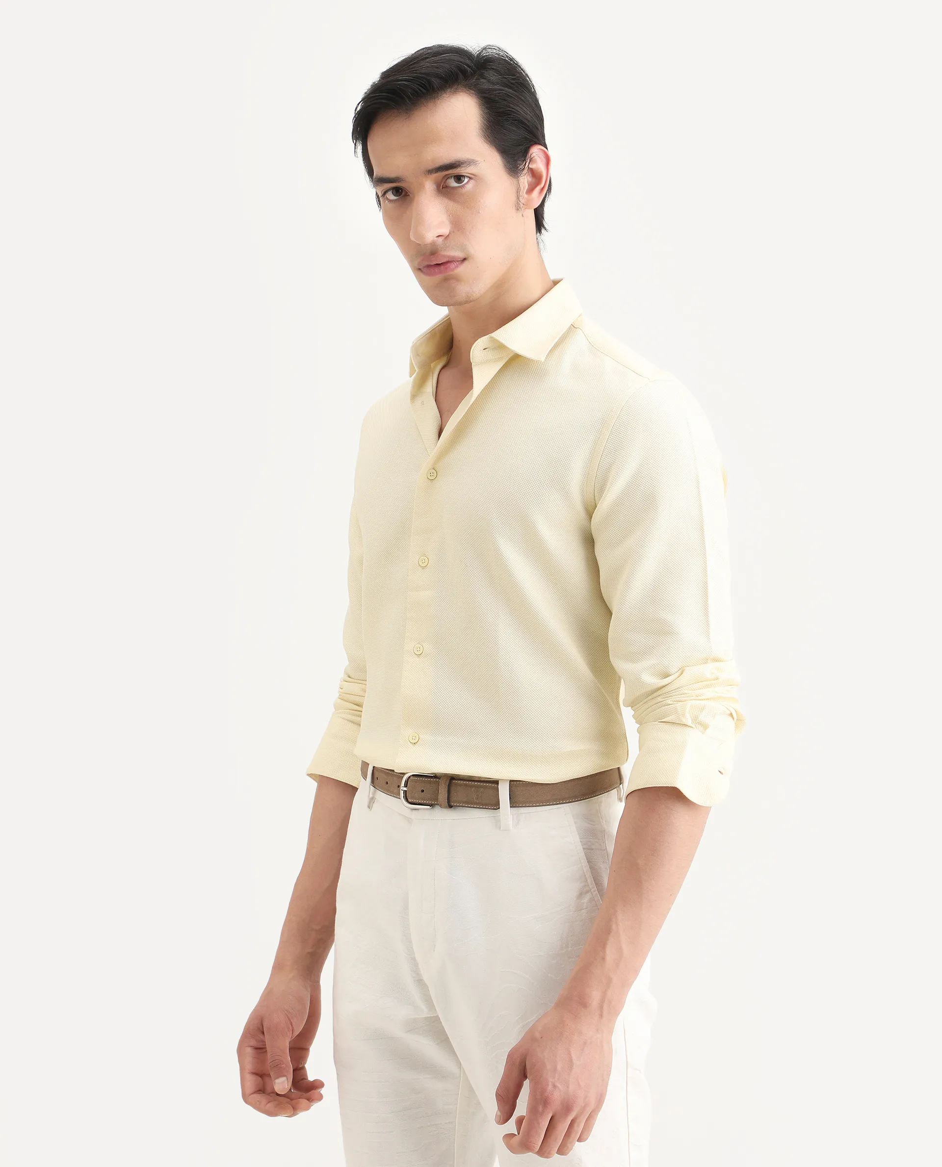 Rare Rabbit Men's Leven Light Yellow Cotton Fabric Spread Collar Regular Fit Plain Shirt - Image 7