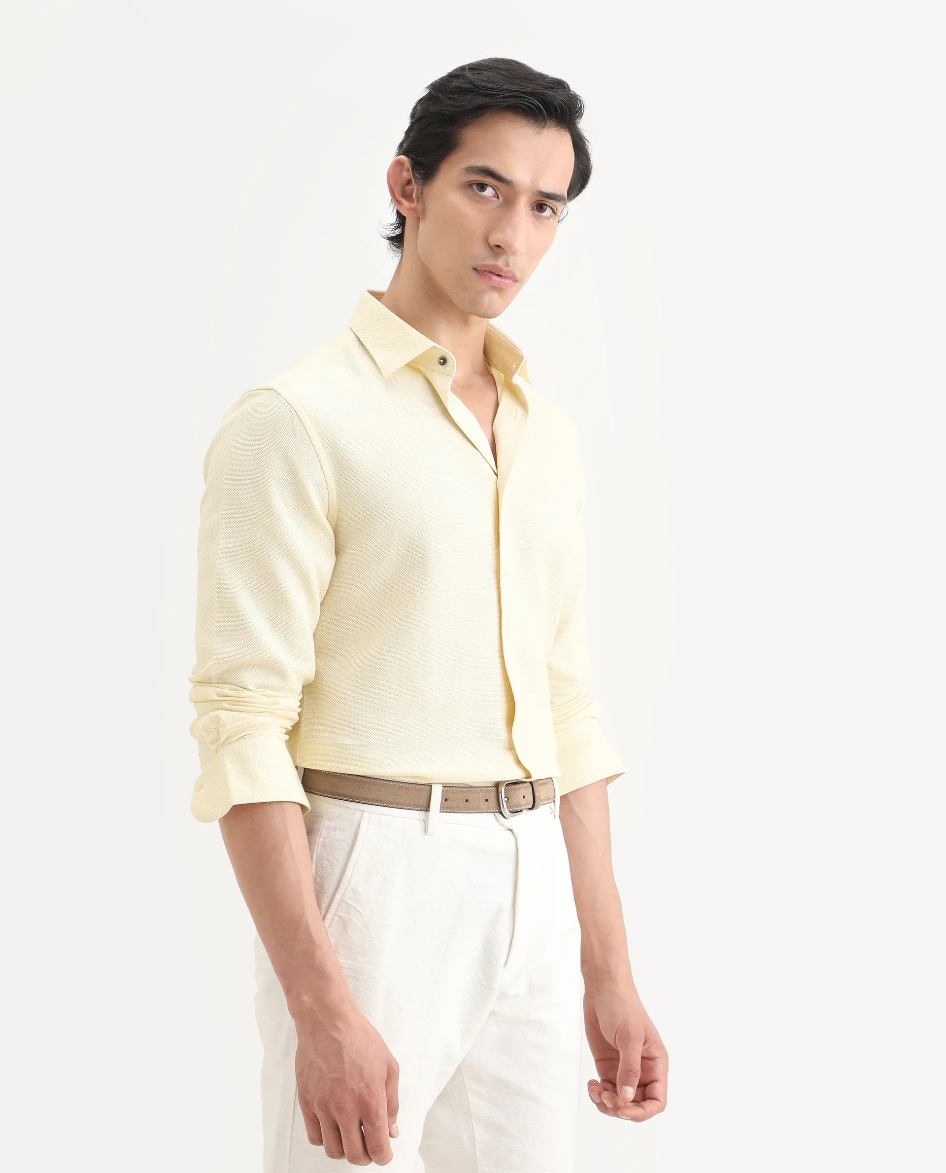 Rare Rabbit Men's Leven Light Yellow Cotton Fabric Spread Collar Regular Fit Plain Shirt - Image 8