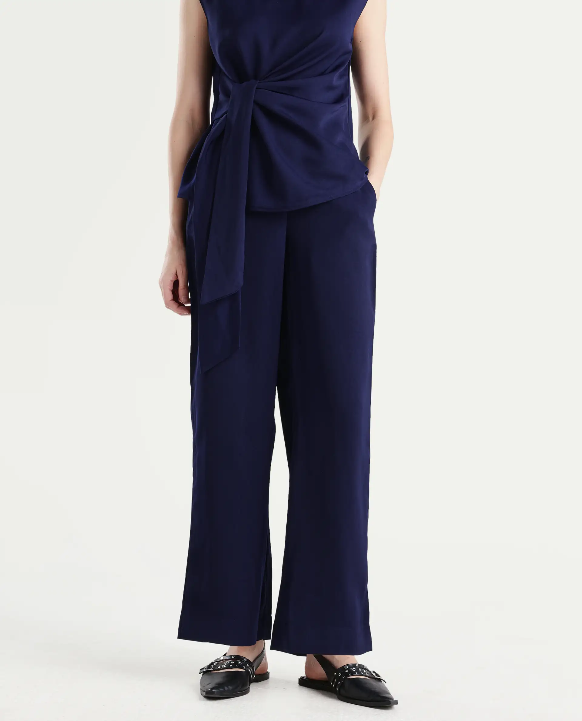 Rareism Women's Leville-B Dark Blue Polyester Blend Plain Straight Fit Trouser - Image 2