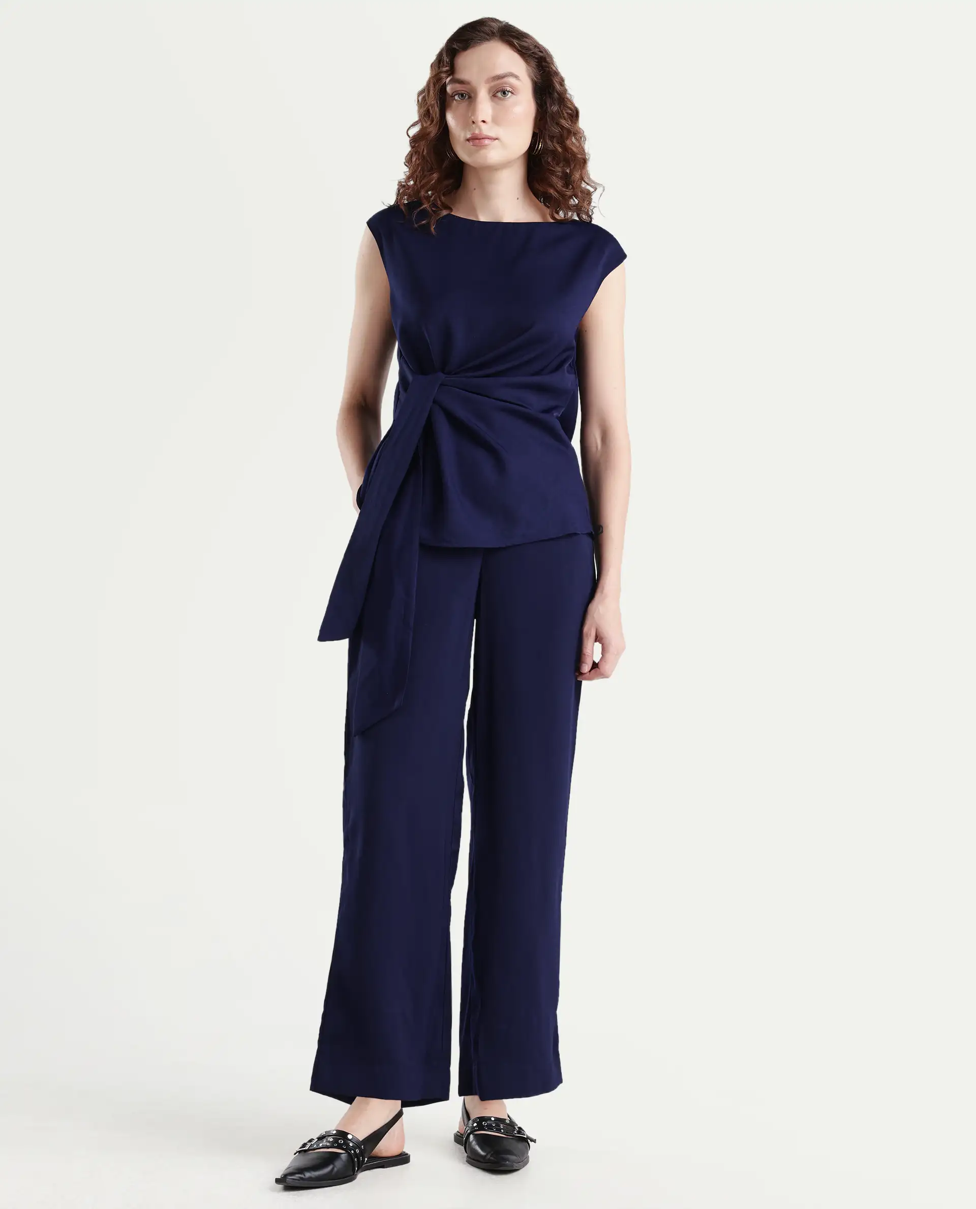 Rareism Women's Leville-B Dark Blue Polyester Blend Plain Straight Fit Trouser - Image 3