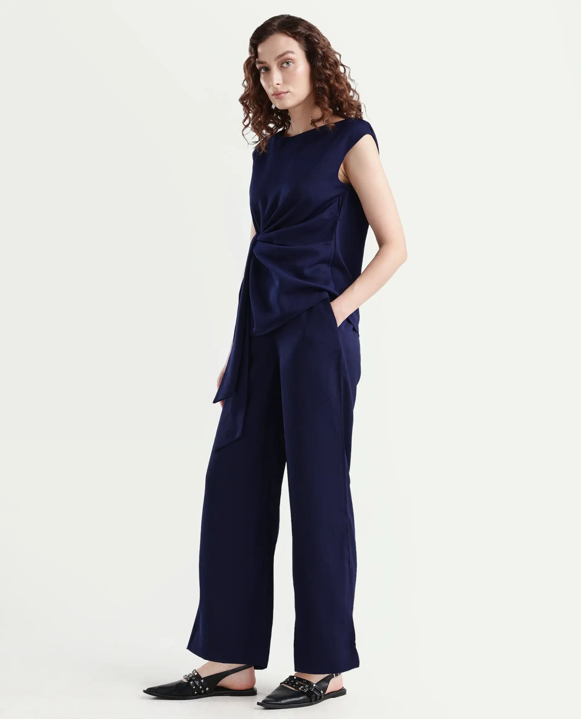 Rareism Women's Leville-B Dark Blue Polyester Blend Plain Straight Fit Trouser - Image 5