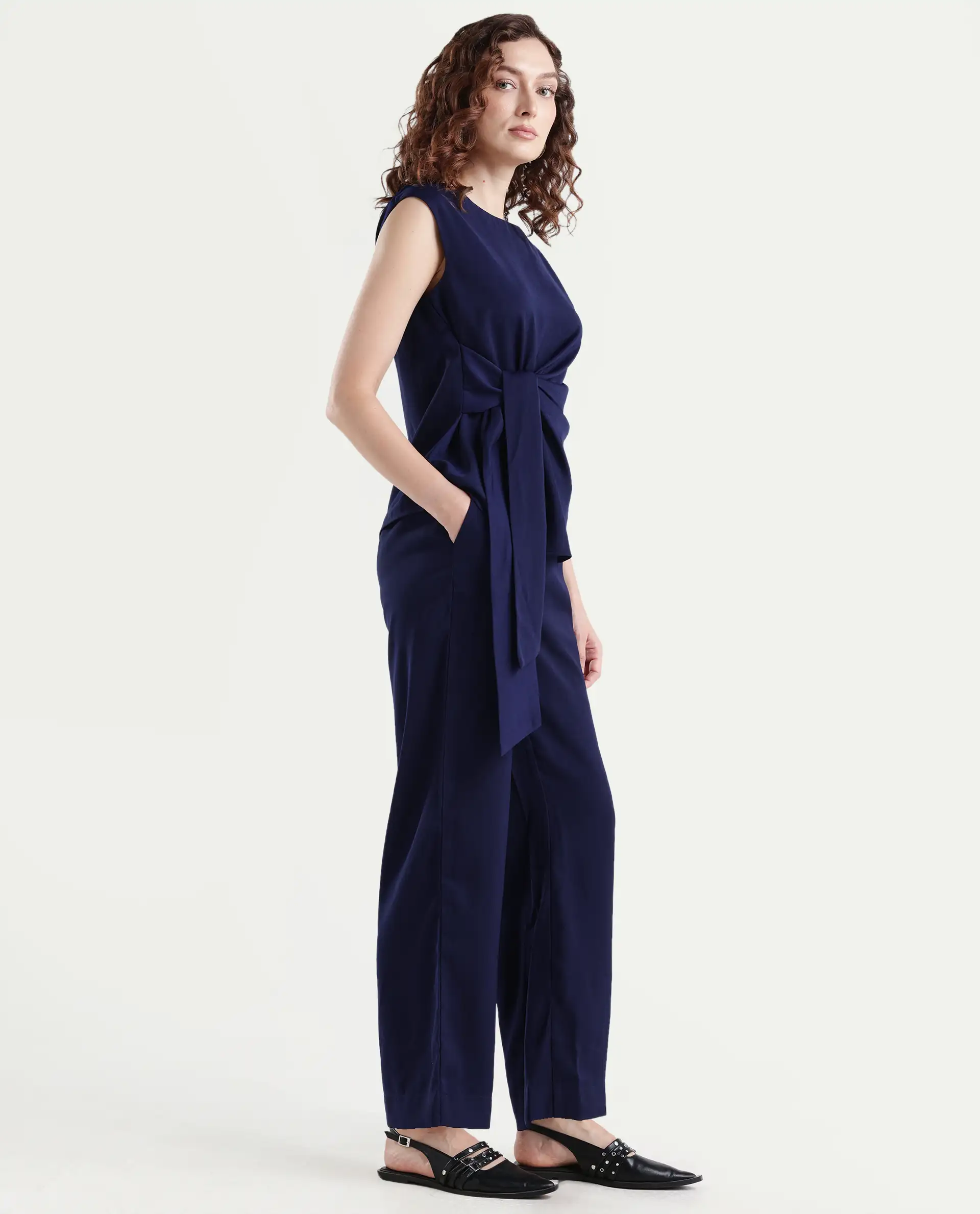 Rareism Women's Leville-B Dark Blue Polyester Blend Plain Straight Fit Trouser - Image 6