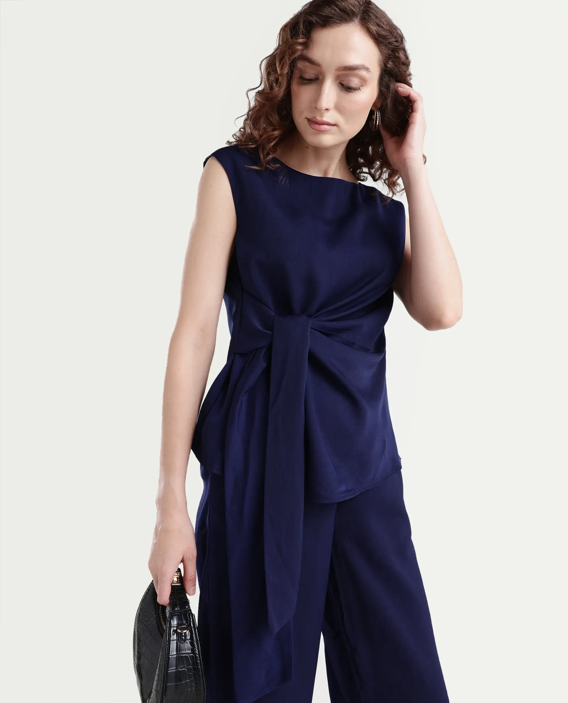 Rareism Women's Leville-T Dark Blue Polyester Blend Boat Neck Plain Sleeveless Relaxed Fit Top - Image 3