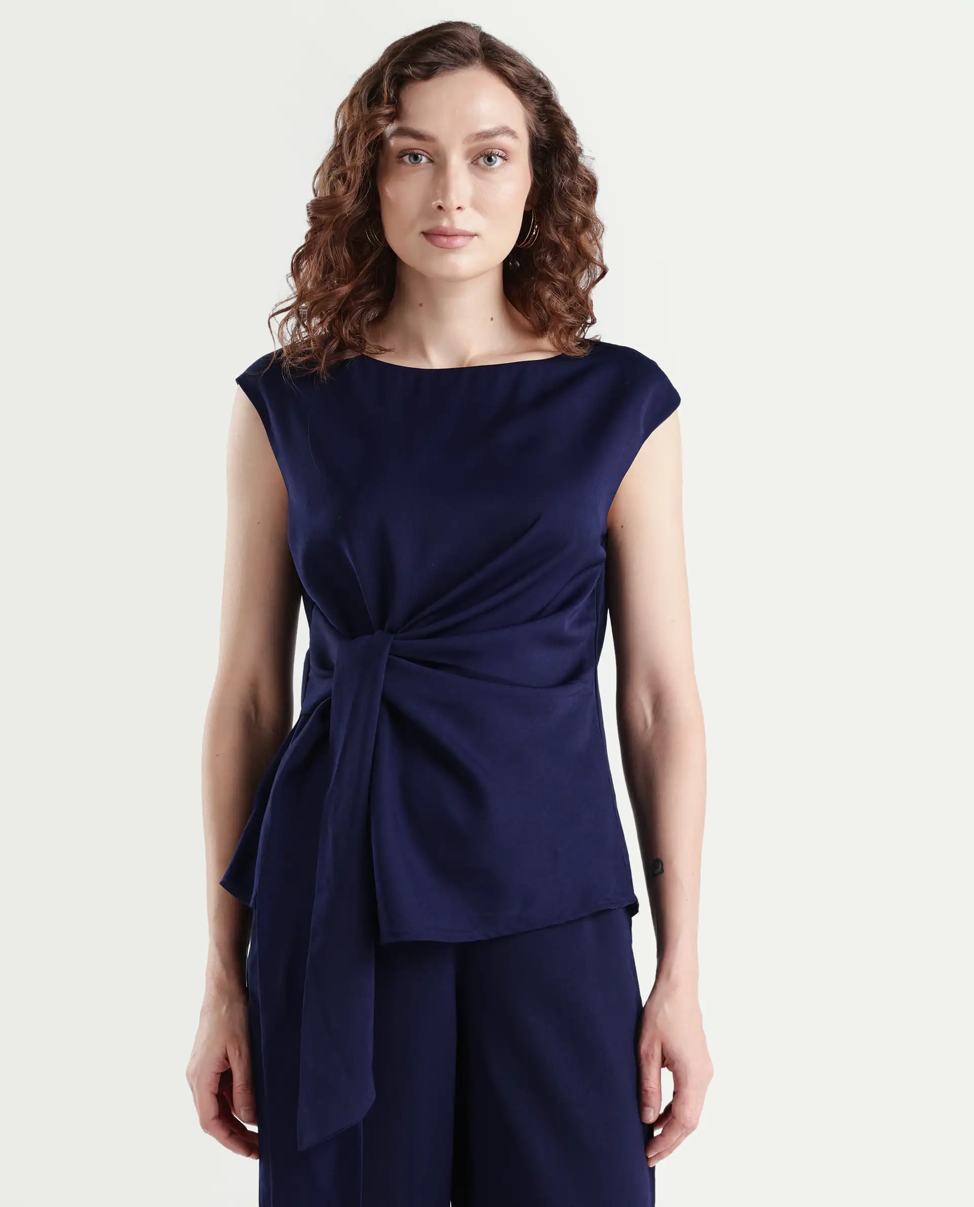 Rareism Women's Leville-T Dark Blue Polyester Blend Boat Neck Plain Sleeveless Relaxed Fit Top - Image 4