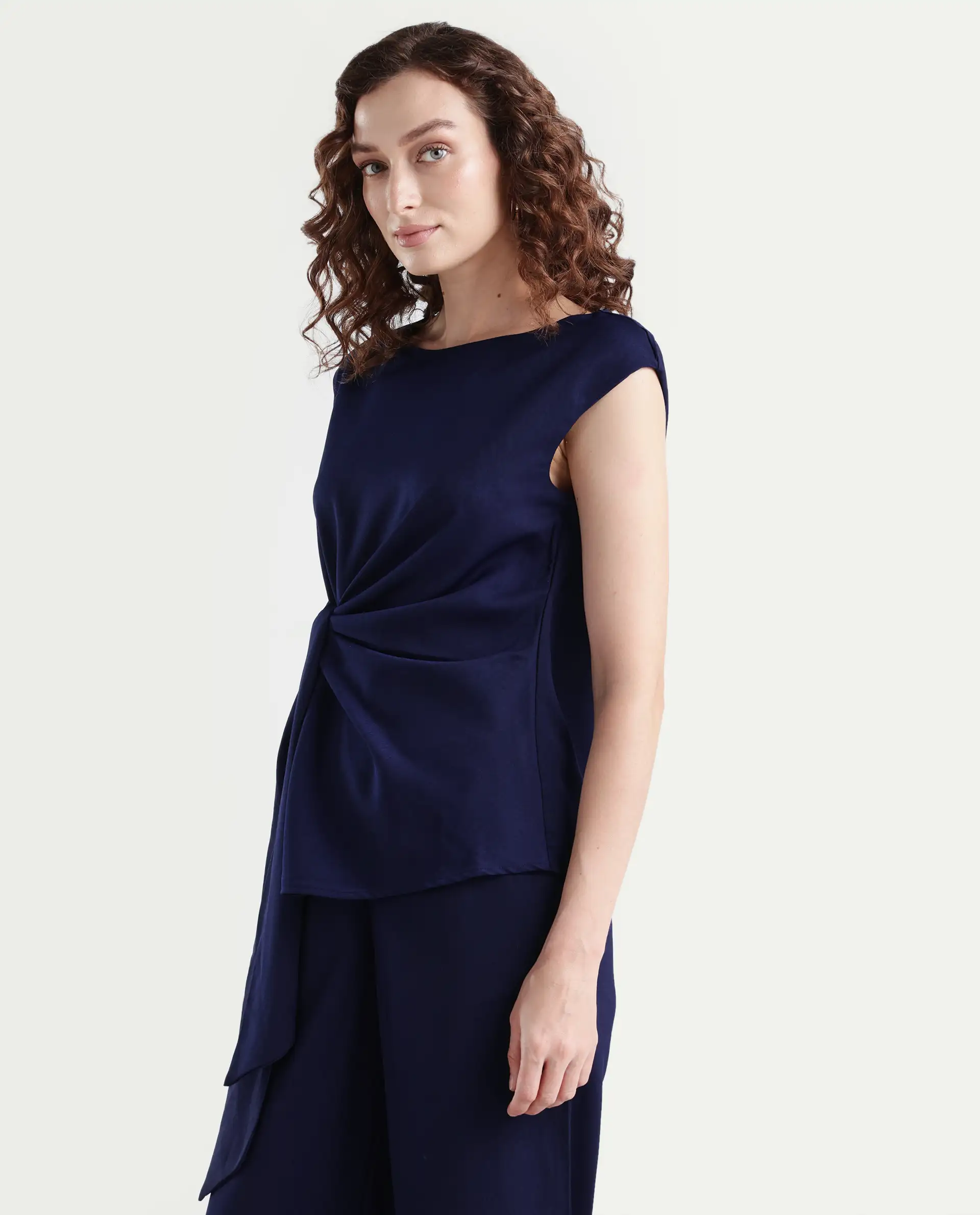 Rareism Women's Leville-T Dark Blue Polyester Blend Boat Neck Plain Sleeveless Relaxed Fit Top - Image 5