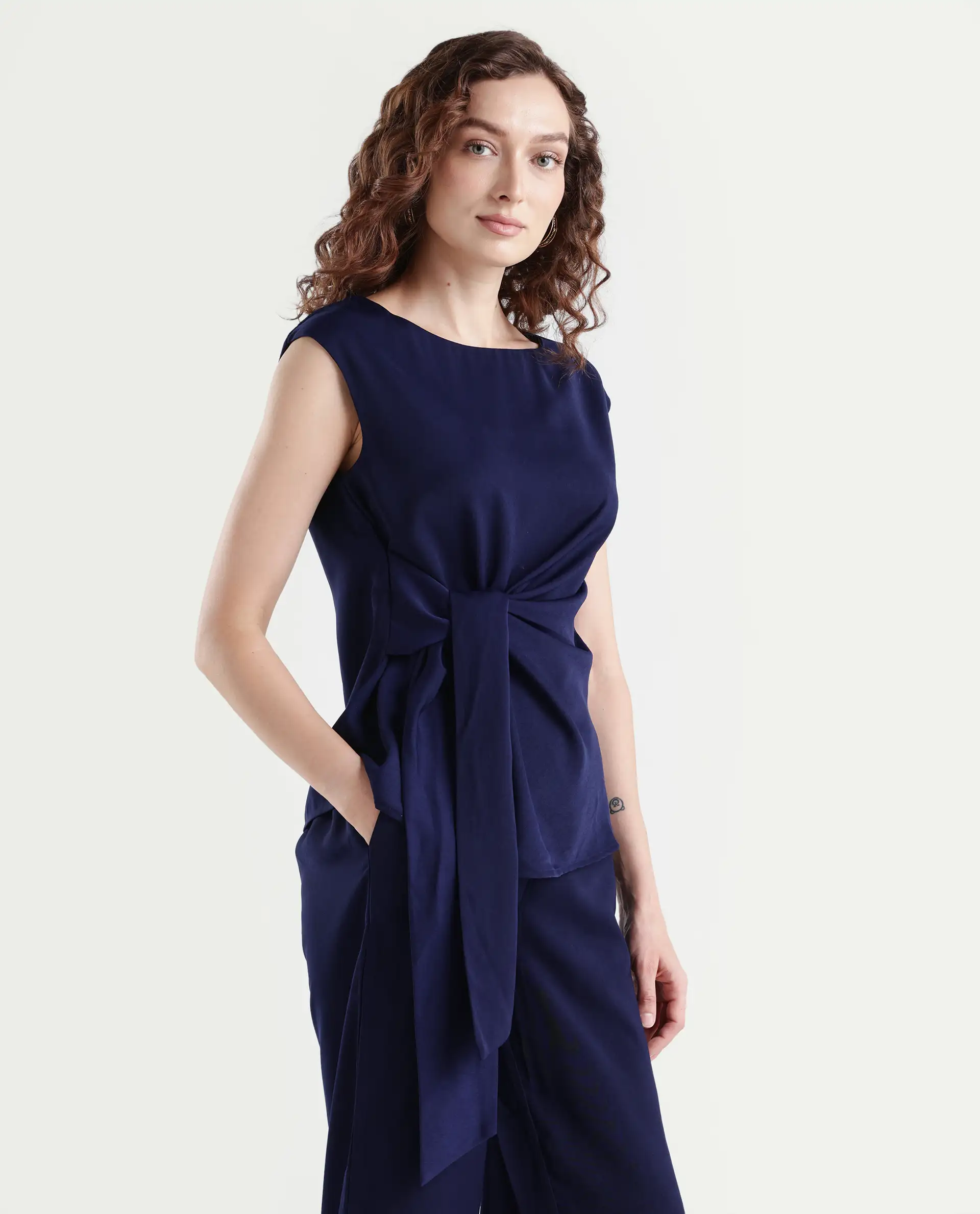 Rareism Women's Leville-T Dark Blue Polyester Blend Boat Neck Plain Sleeveless Relaxed Fit Top - Image 6