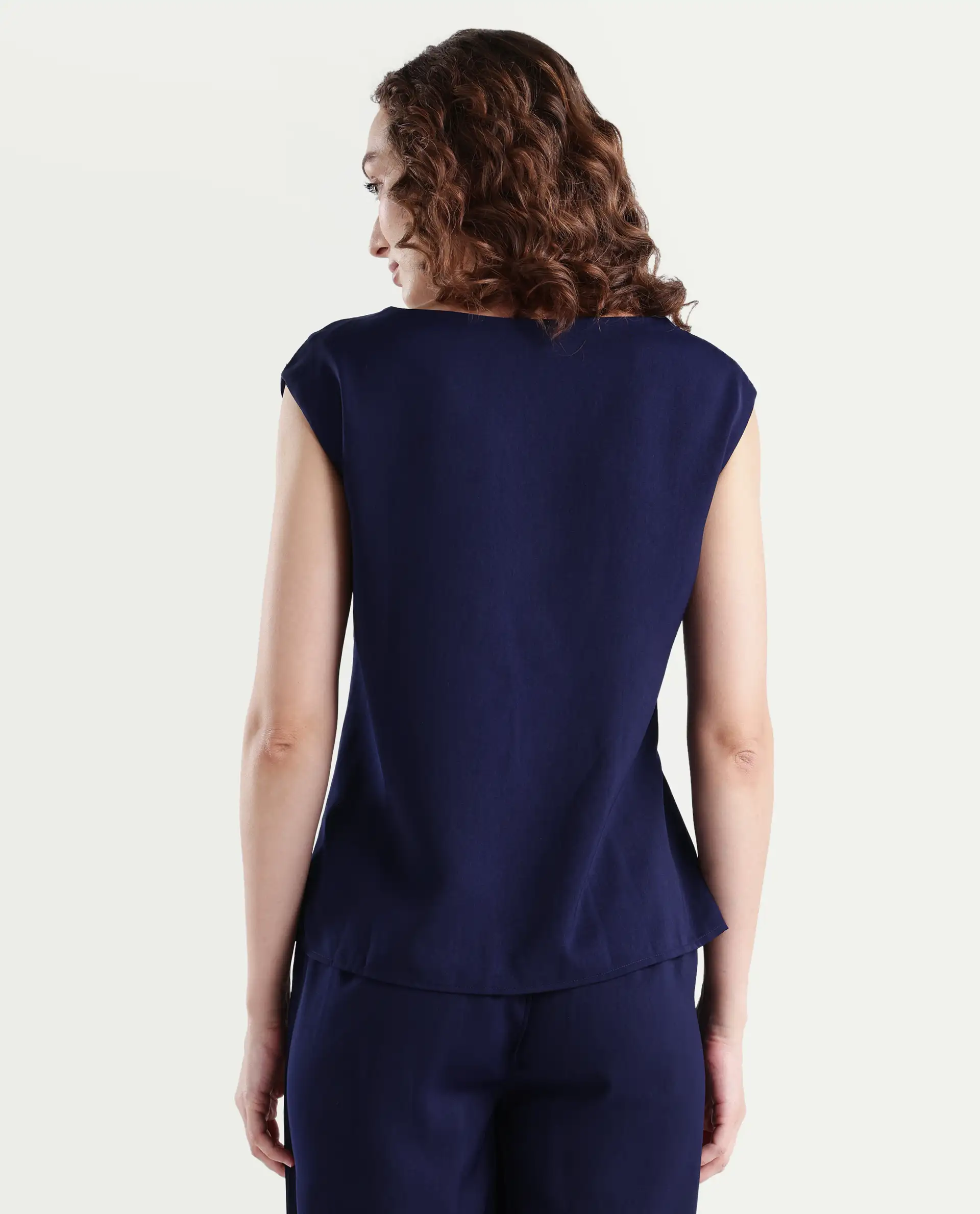 Rareism Women's Leville-T Dark Blue Polyester Blend Boat Neck Plain Sleeveless Relaxed Fit Top - Image 7