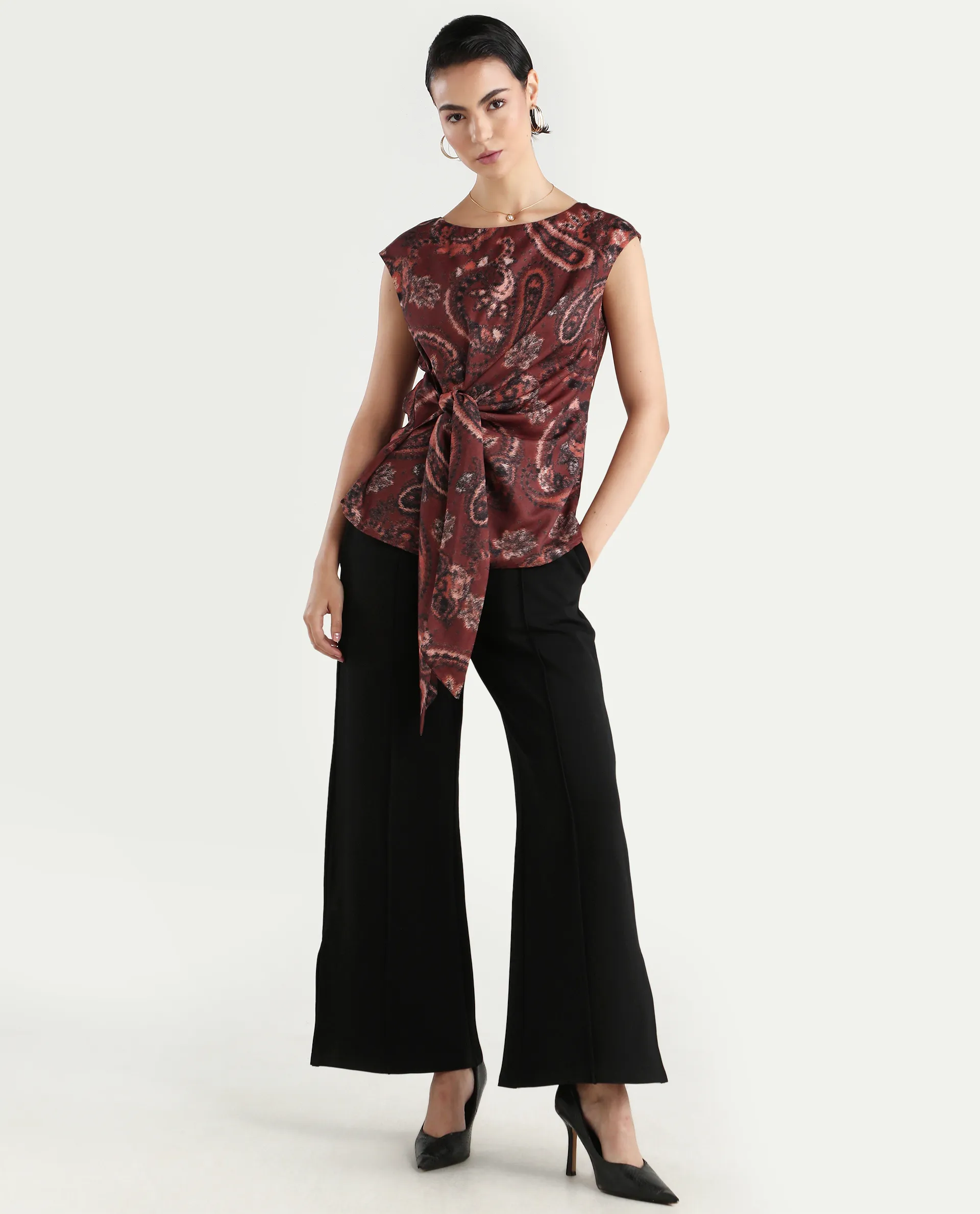 Rareism Women's Levillet Brown Polyester Blend Boat Neck Paisley Print Sleeveless Regular Fit Top - Image 2