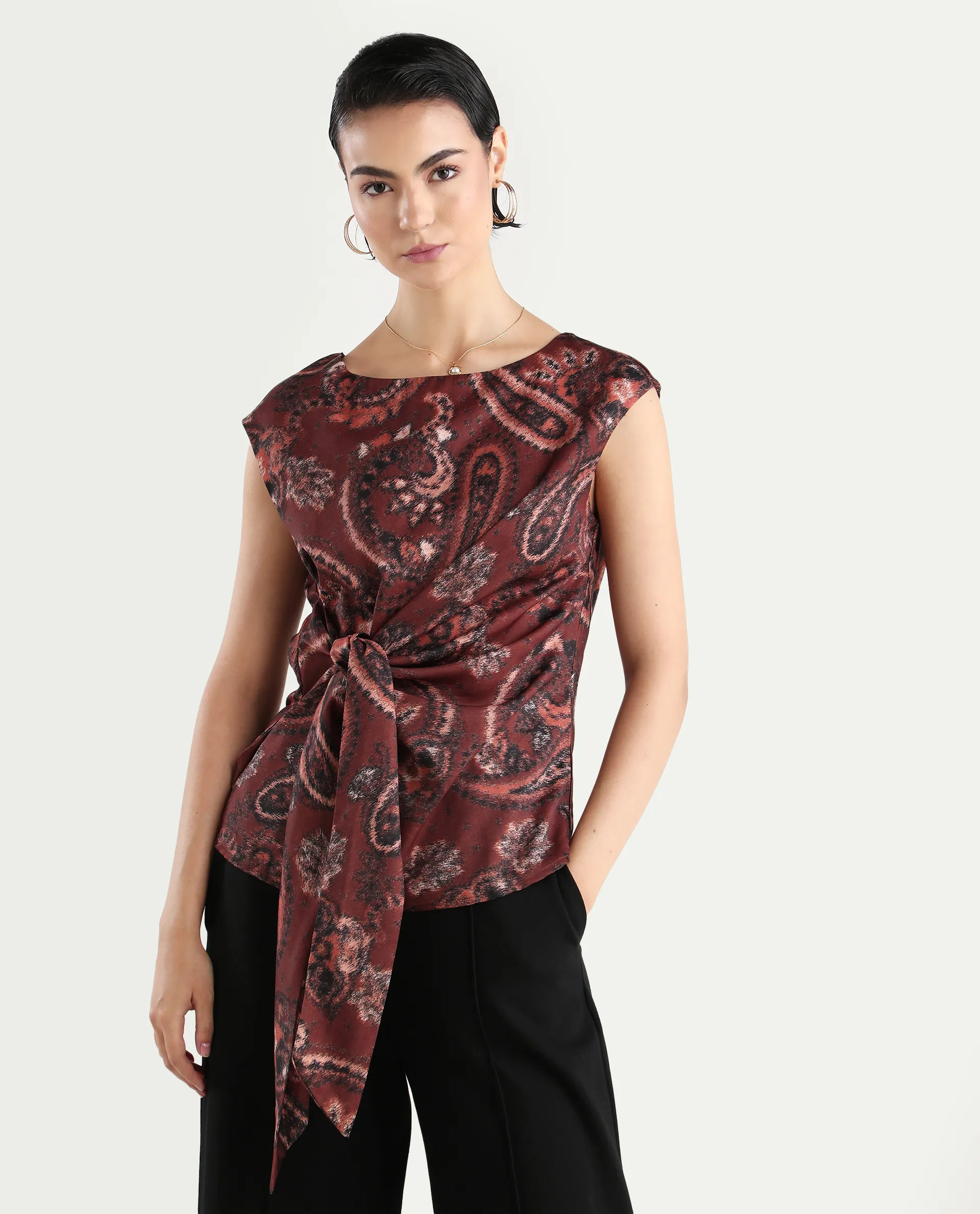 Rareism Women's Levillet Brown Polyester Blend Boat Neck Paisley Print Sleeveless Regular Fit Top - Image 3