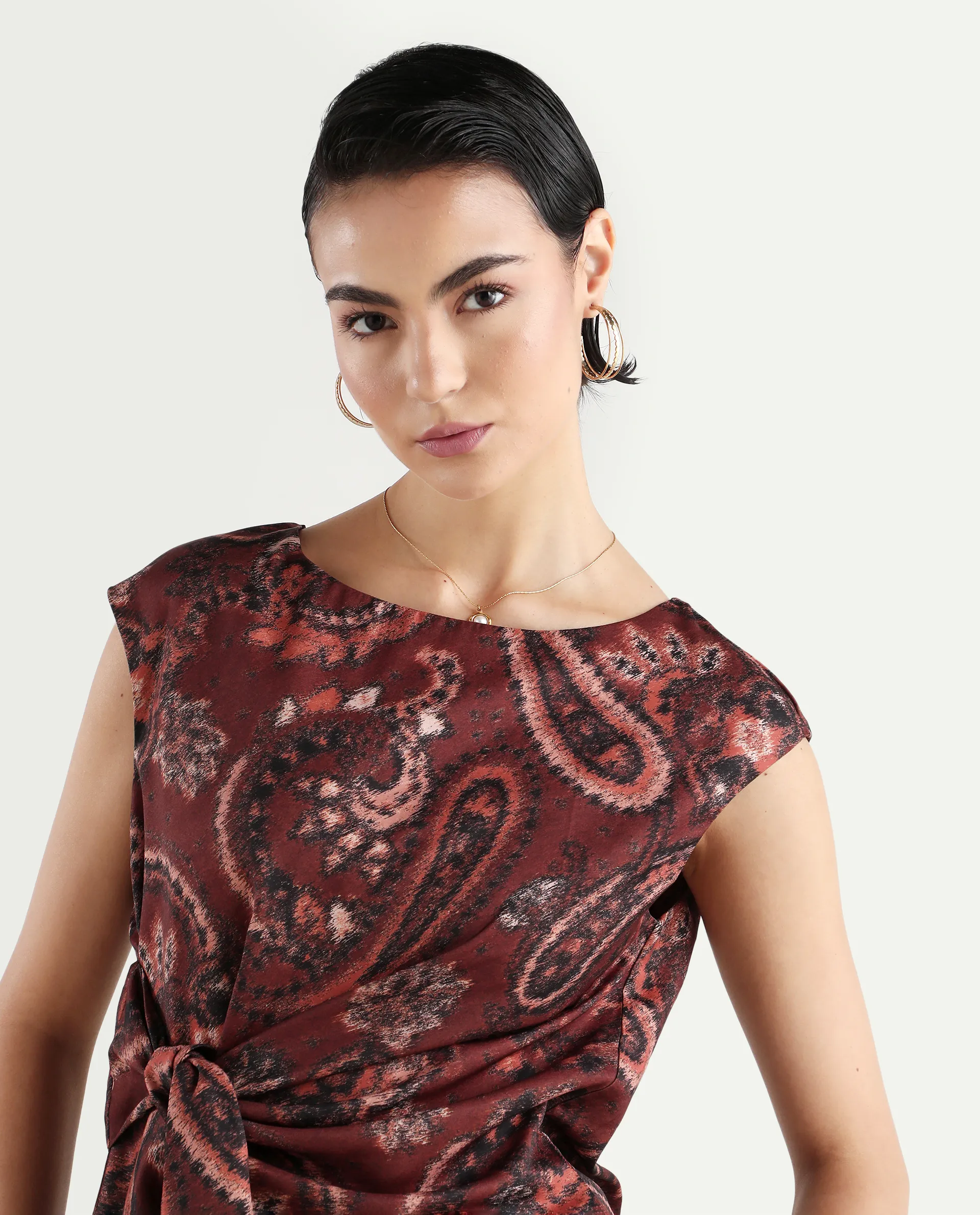 Rareism Women's Levillet Brown Polyester Blend Boat Neck Paisley Print Sleeveless Regular Fit Top - Image 4