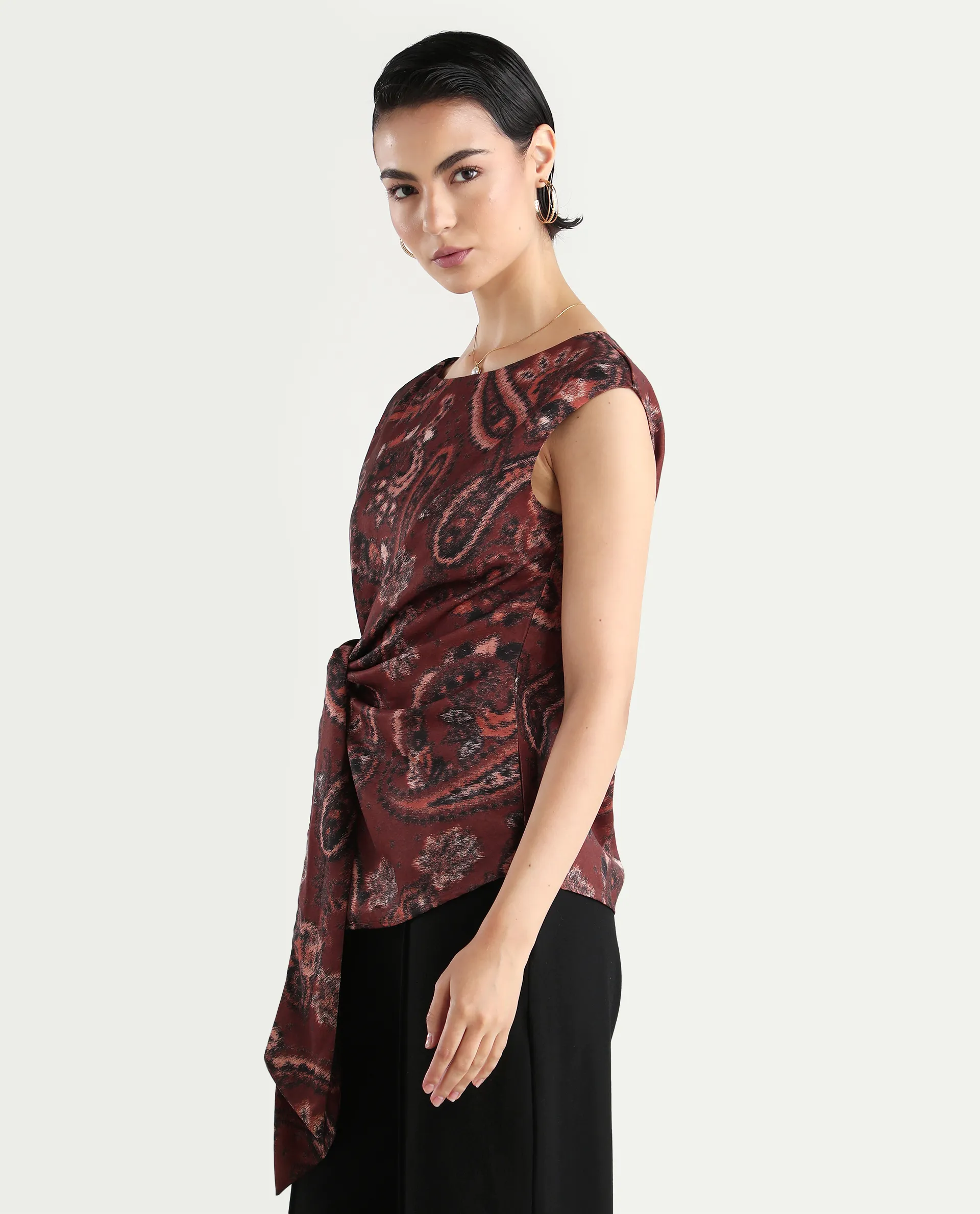 Rareism Women's Levillet Brown Polyester Blend Boat Neck Paisley Print Sleeveless Regular Fit Top - Image 5