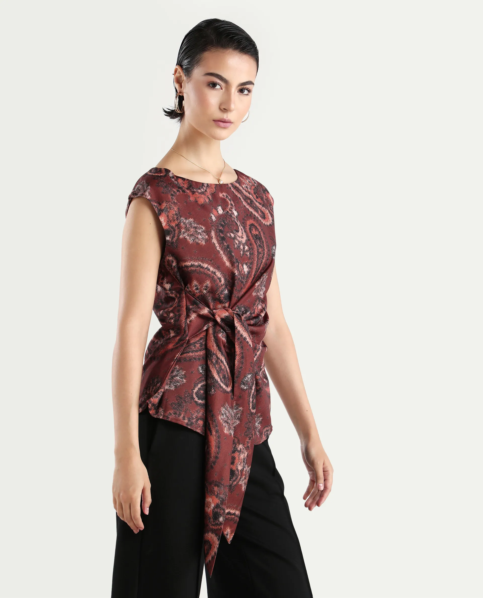 Rareism Women's Levillet Brown Polyester Blend Boat Neck Paisley Print Sleeveless Regular Fit Top - Image 6