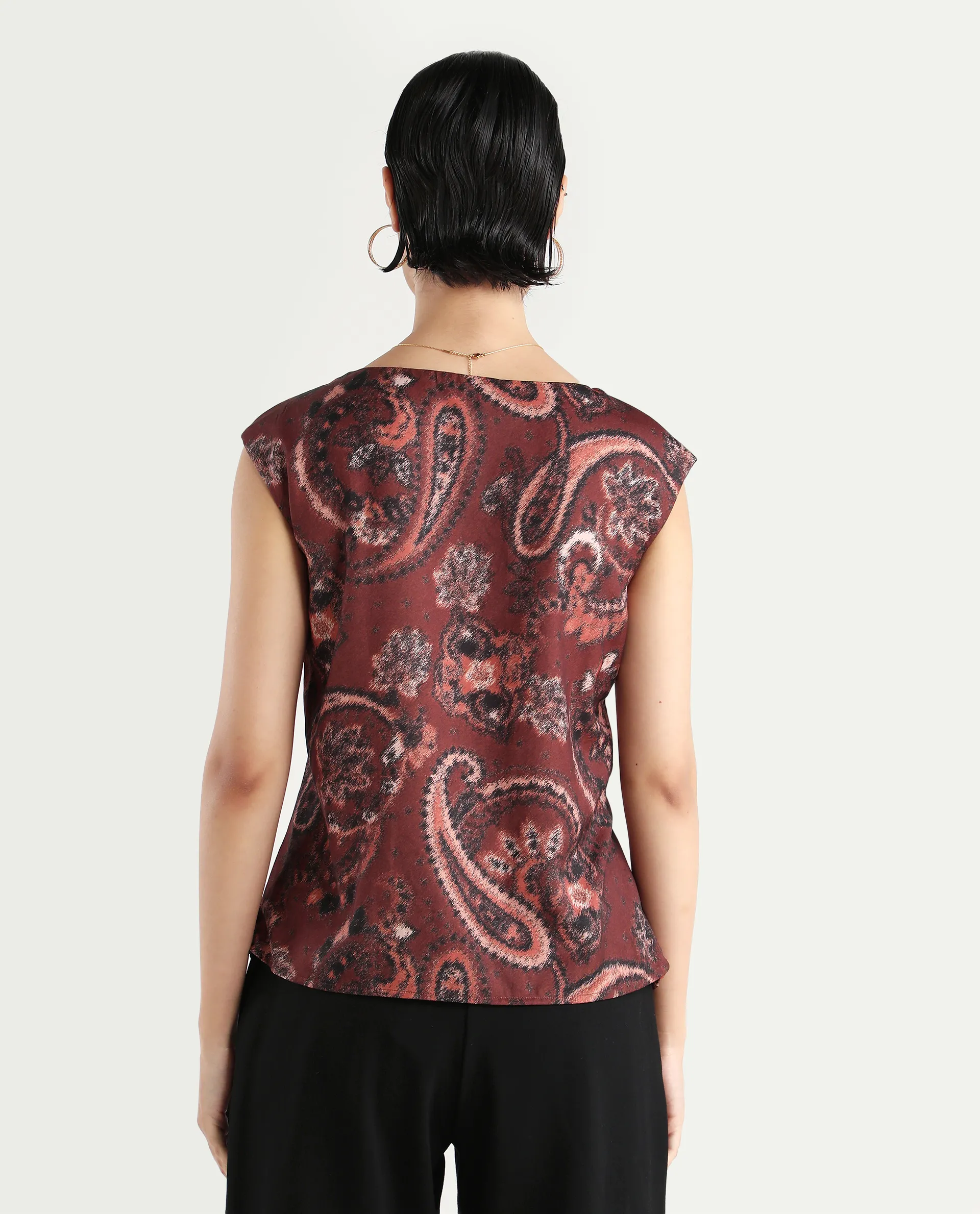 Rareism Women's Levillet Brown Polyester Blend Boat Neck Paisley Print Sleeveless Regular Fit Top - Image 7