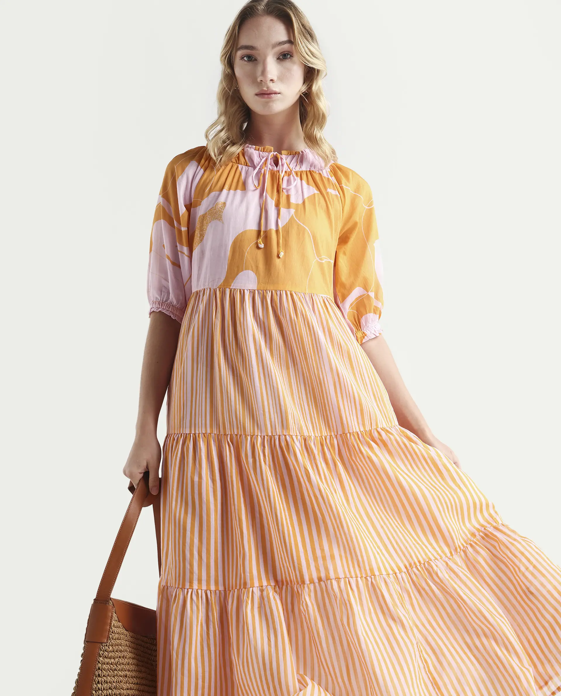 Rareism Women's Leviosa Mustard Cotton Tie-Up Neck Abstract Print Puff Sleeves Knee Length Regular Fit Dress