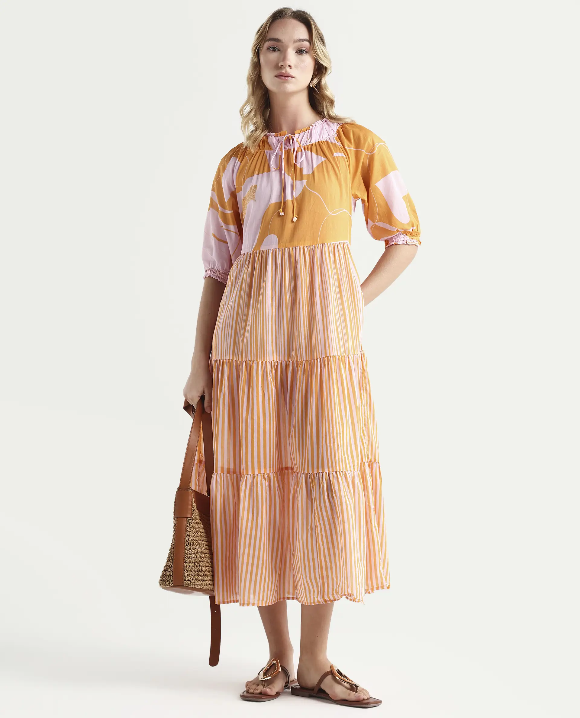 Rareism Women's Leviosa Mustard Cotton Tie-Up Neck Abstract Print Puff Sleeves Knee Length Regular Fit Dress - Image 2