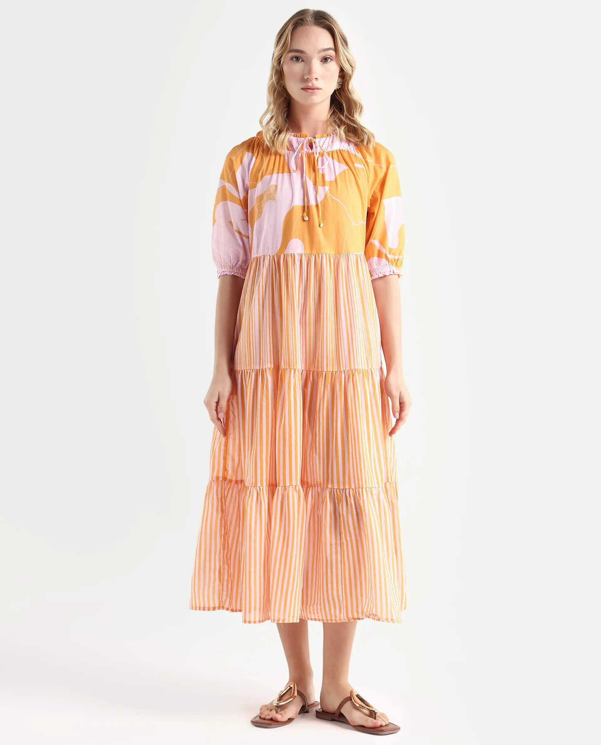 Rareism Women's Leviosa Mustard Cotton Tie-Up Neck Abstract Print Puff Sleeves Knee Length Regular Fit Dress - Image 3