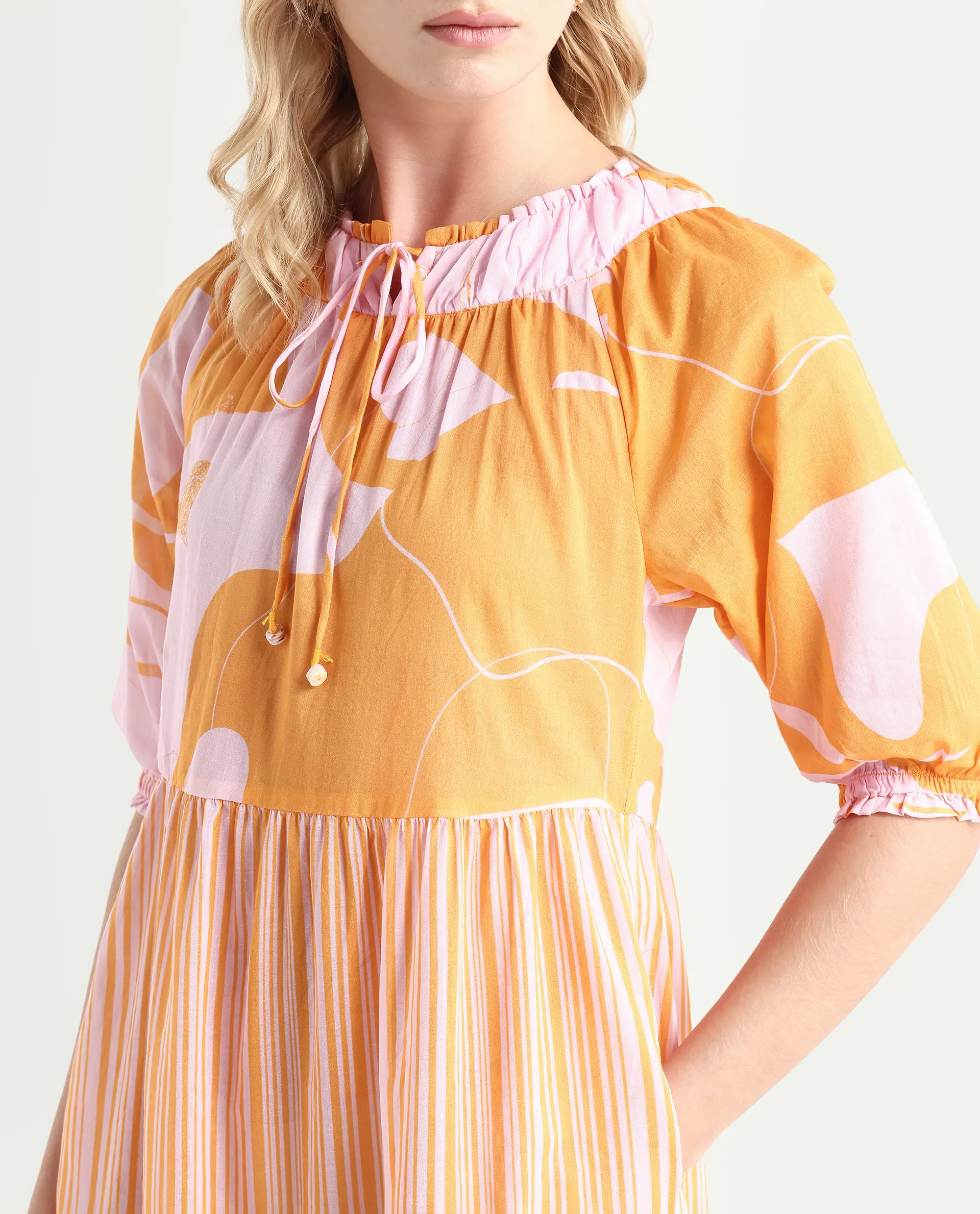 Rareism Women's Leviosa Mustard Cotton Tie-Up Neck Abstract Print Puff Sleeves Knee Length Regular Fit Dress - Image 4