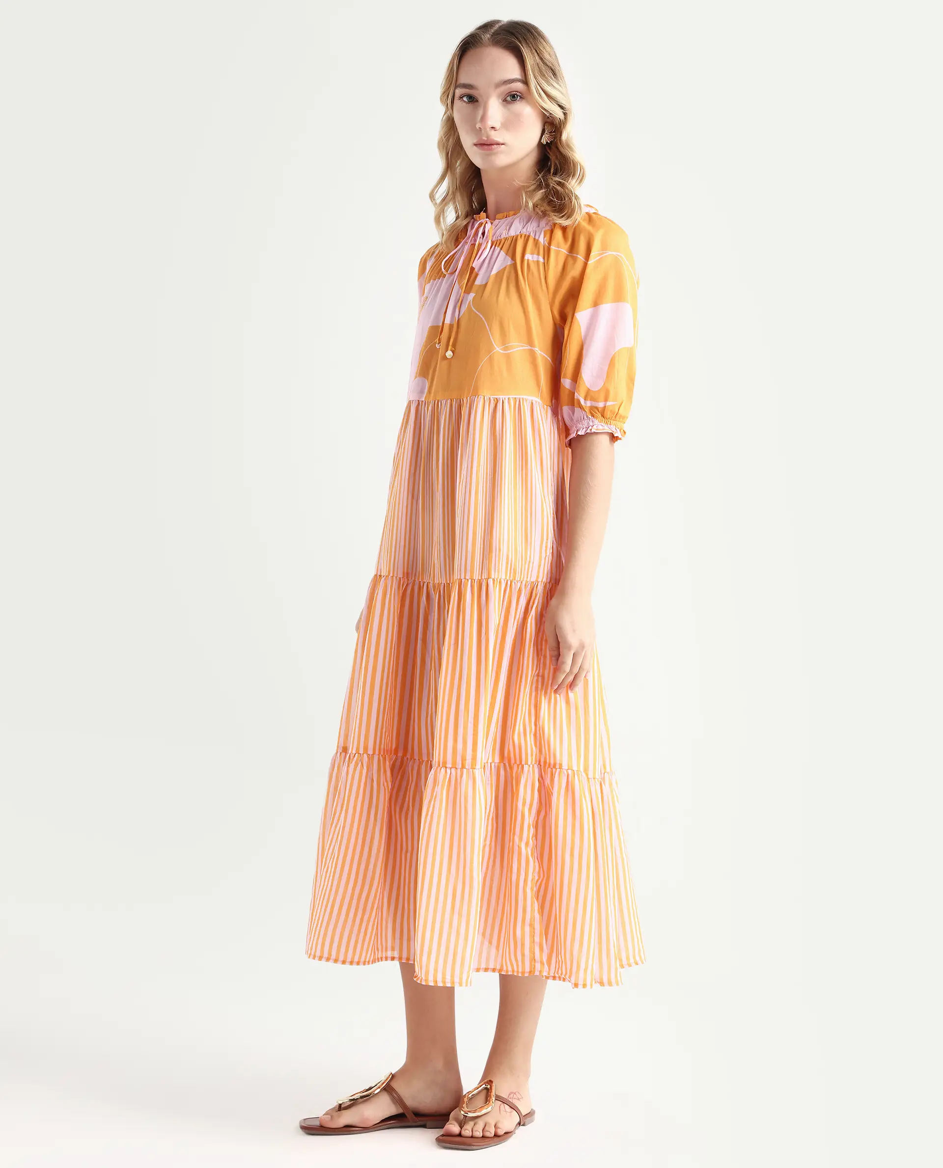 Rareism Women's Leviosa Mustard Cotton Tie-Up Neck Abstract Print Puff Sleeves Knee Length Regular Fit Dress - Image 5