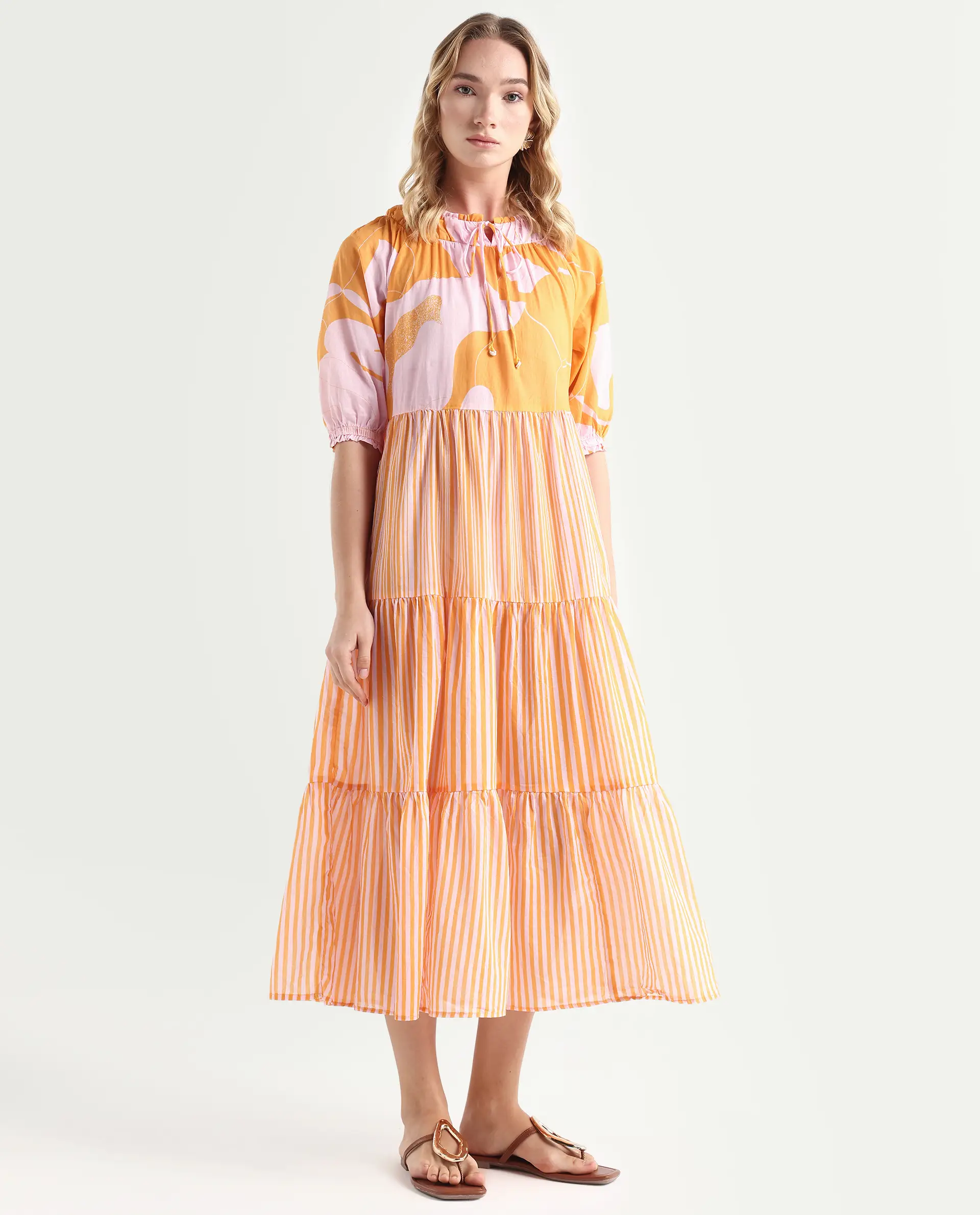 Rareism Women's Leviosa Mustard Cotton Tie-Up Neck Abstract Print Puff Sleeves Knee Length Regular Fit Dress - Image 6