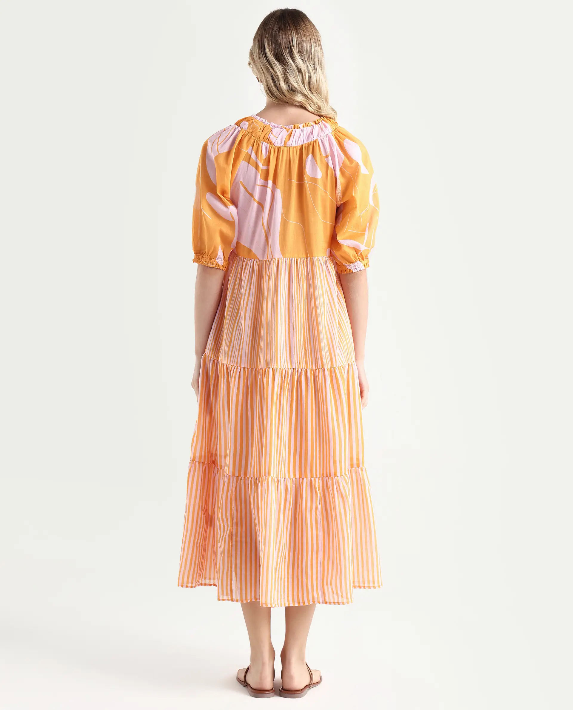 Rareism Women's Leviosa Mustard Cotton Tie-Up Neck Abstract Print Puff Sleeves Knee Length Regular Fit Dress - Image 7