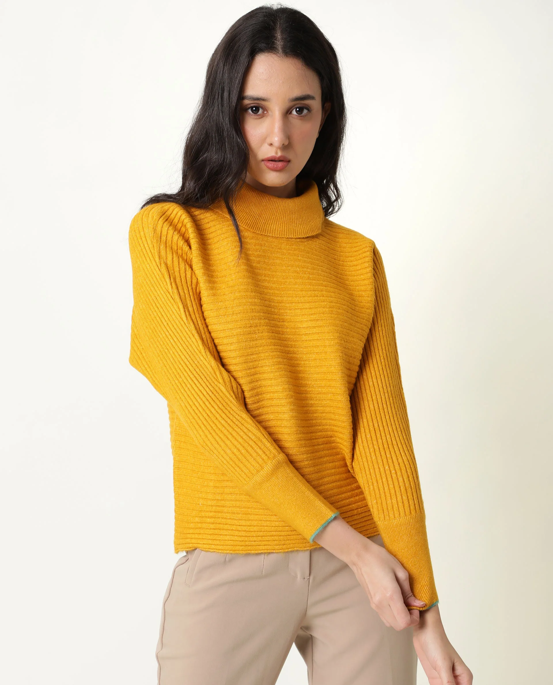 Rareism Women's Levour Mustard Acrylic Turtle Neck Plain Relaxed Fit Sweater - Image 2