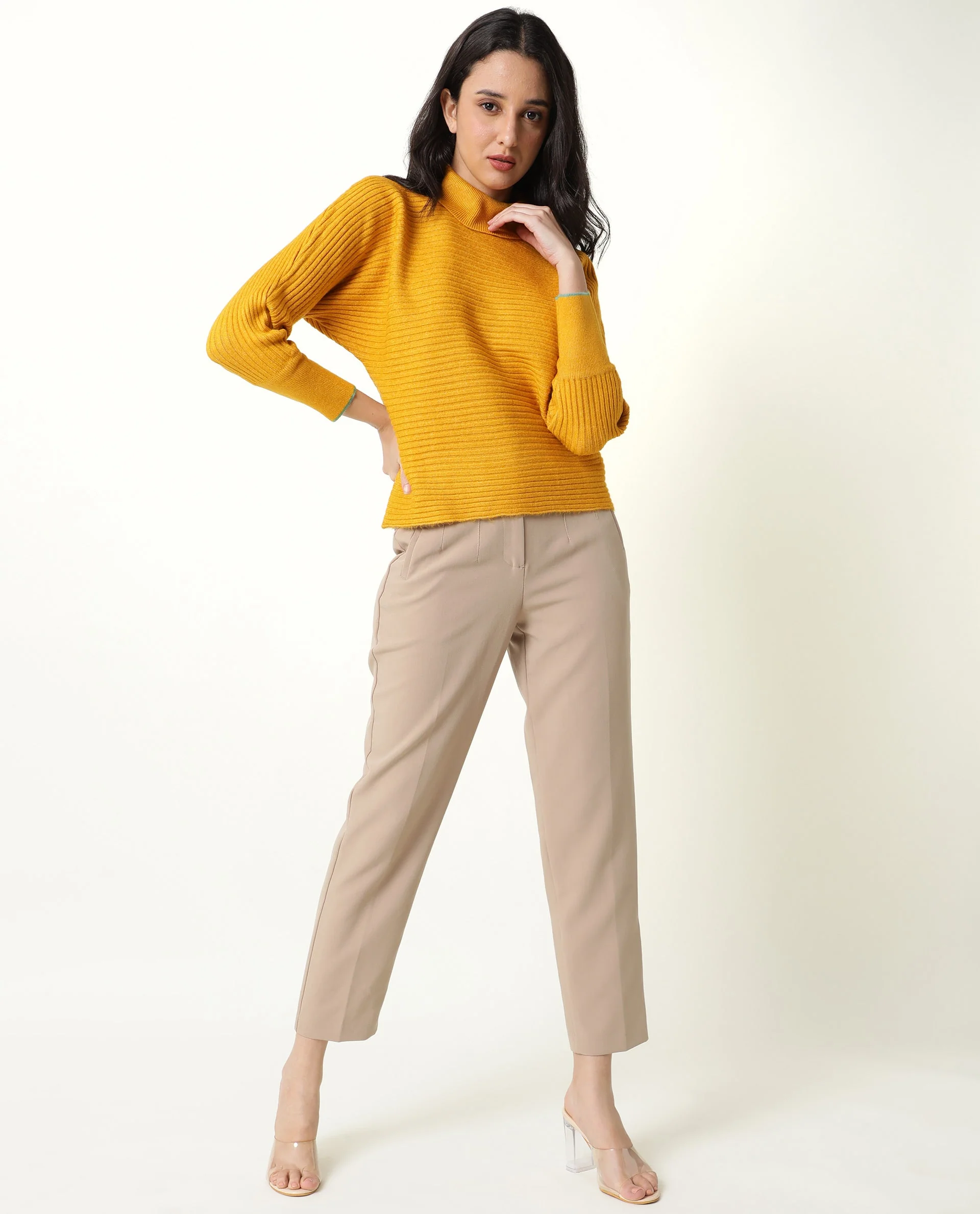 Rareism Women's Levour Mustard Acrylic Turtle Neck Plain Relaxed Fit Sweater - Image 3