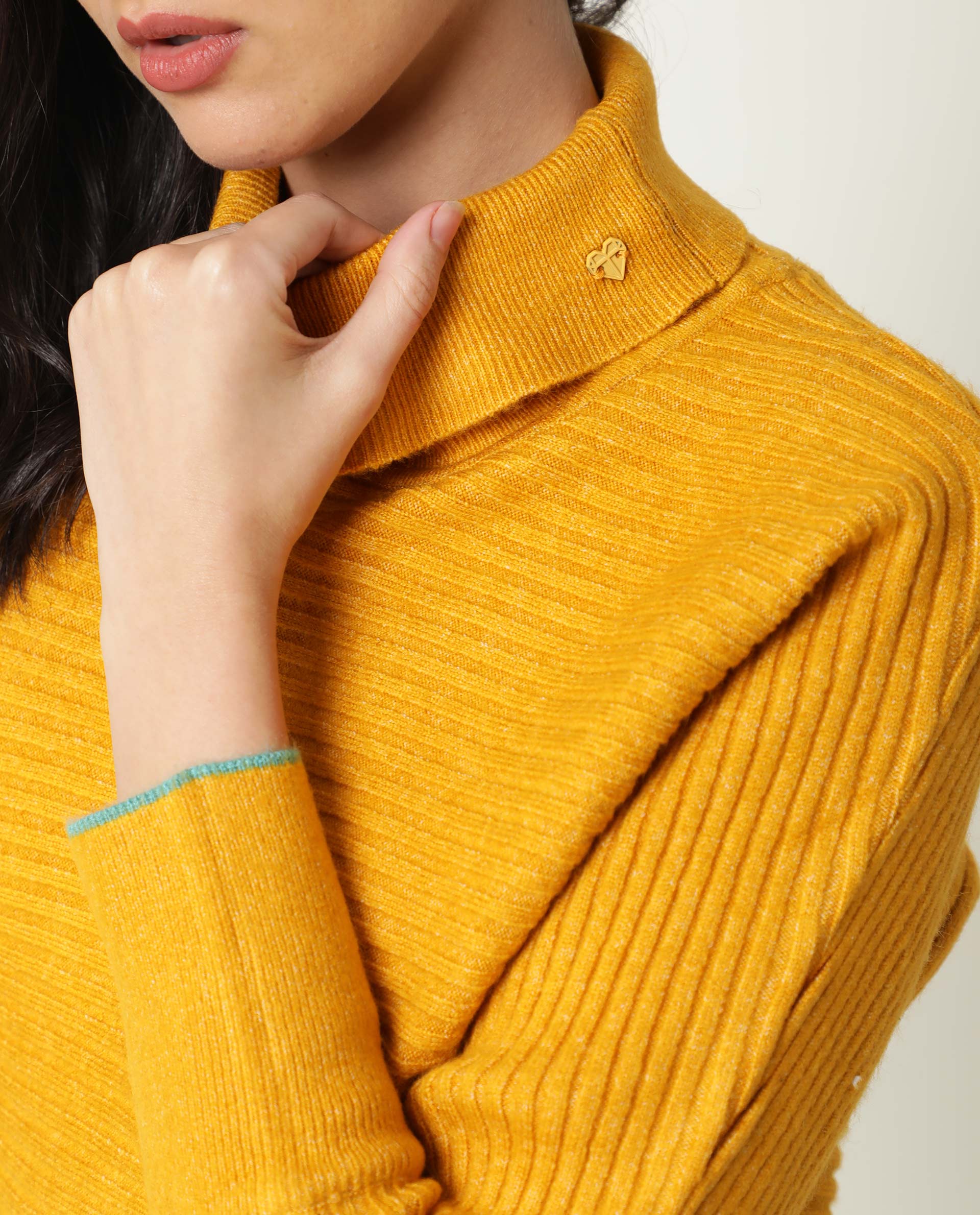 Rareism Women's Levour Mustard Acrylic Turtle Neck Plain Relaxed Fit Sweater - Image 4
