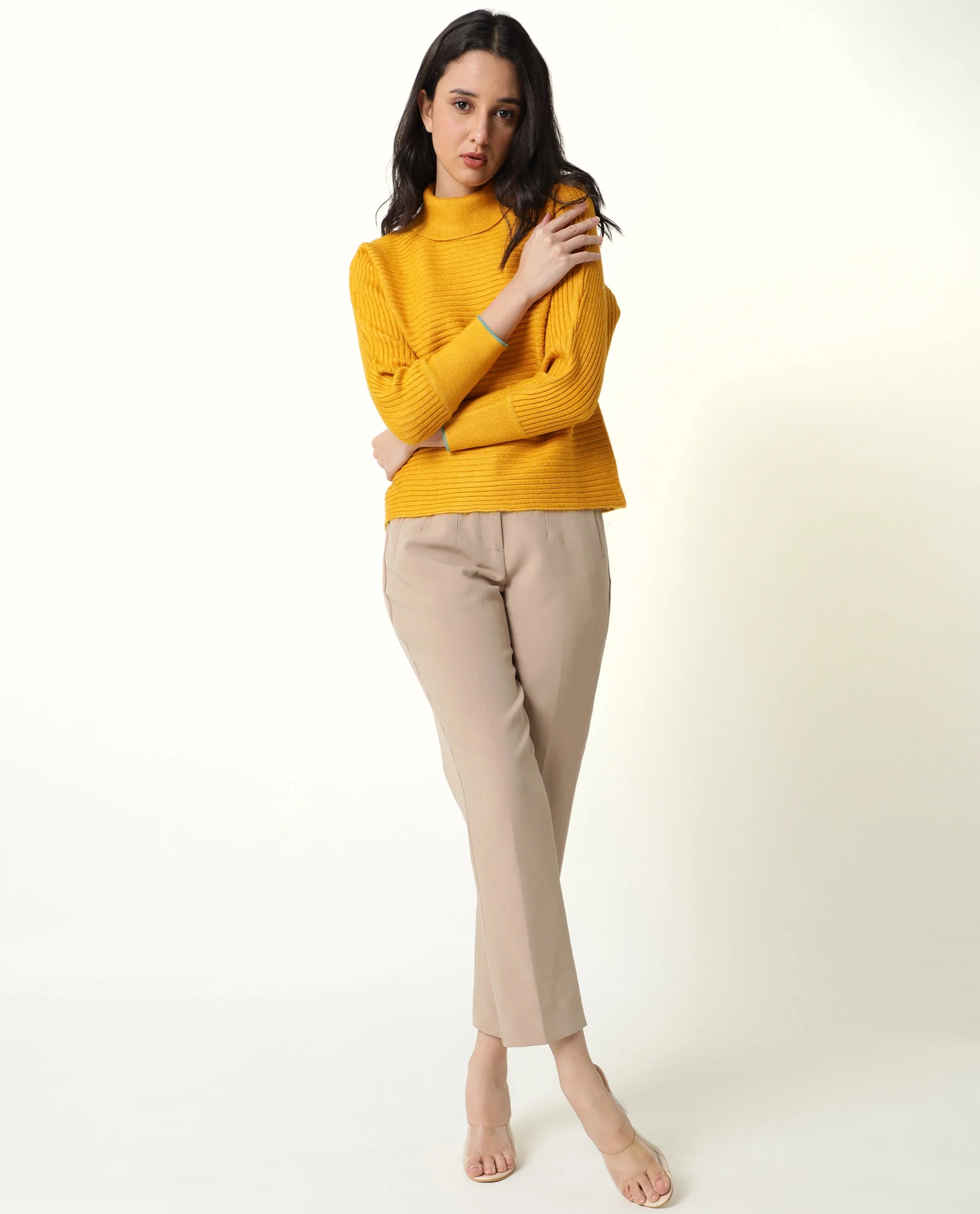 Rareism Women's Levour Mustard Acrylic Turtle Neck Plain Relaxed Fit Sweater - Image 5