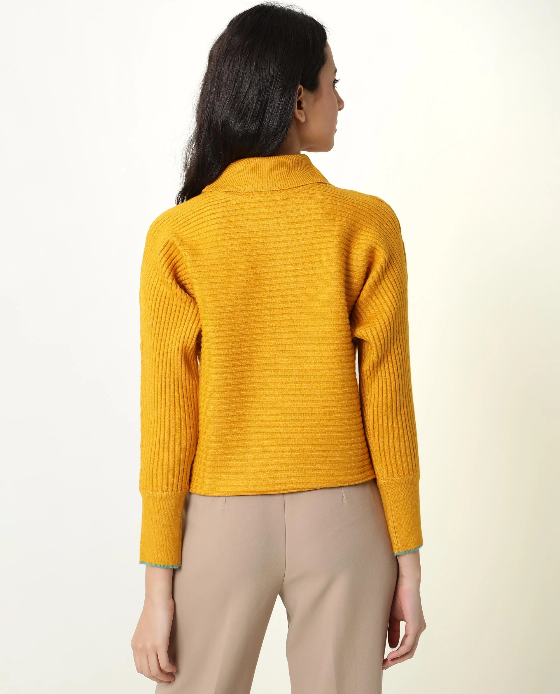 Rareism Women's Levour Mustard Acrylic Turtle Neck Plain Relaxed Fit Sweater - Image 6