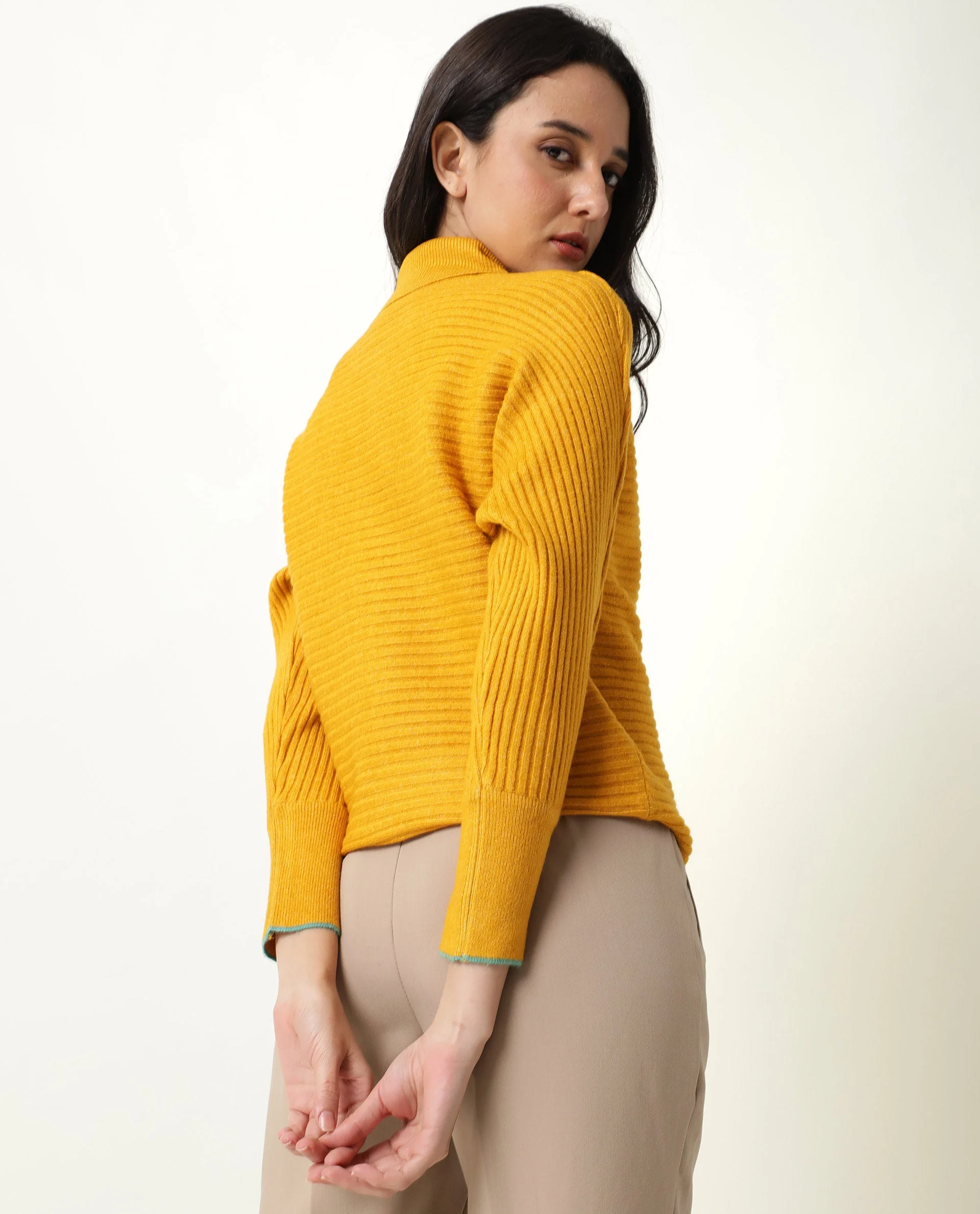 Rareism Women's Levour Mustard Acrylic Turtle Neck Plain Relaxed Fit Sweater - Image 7
