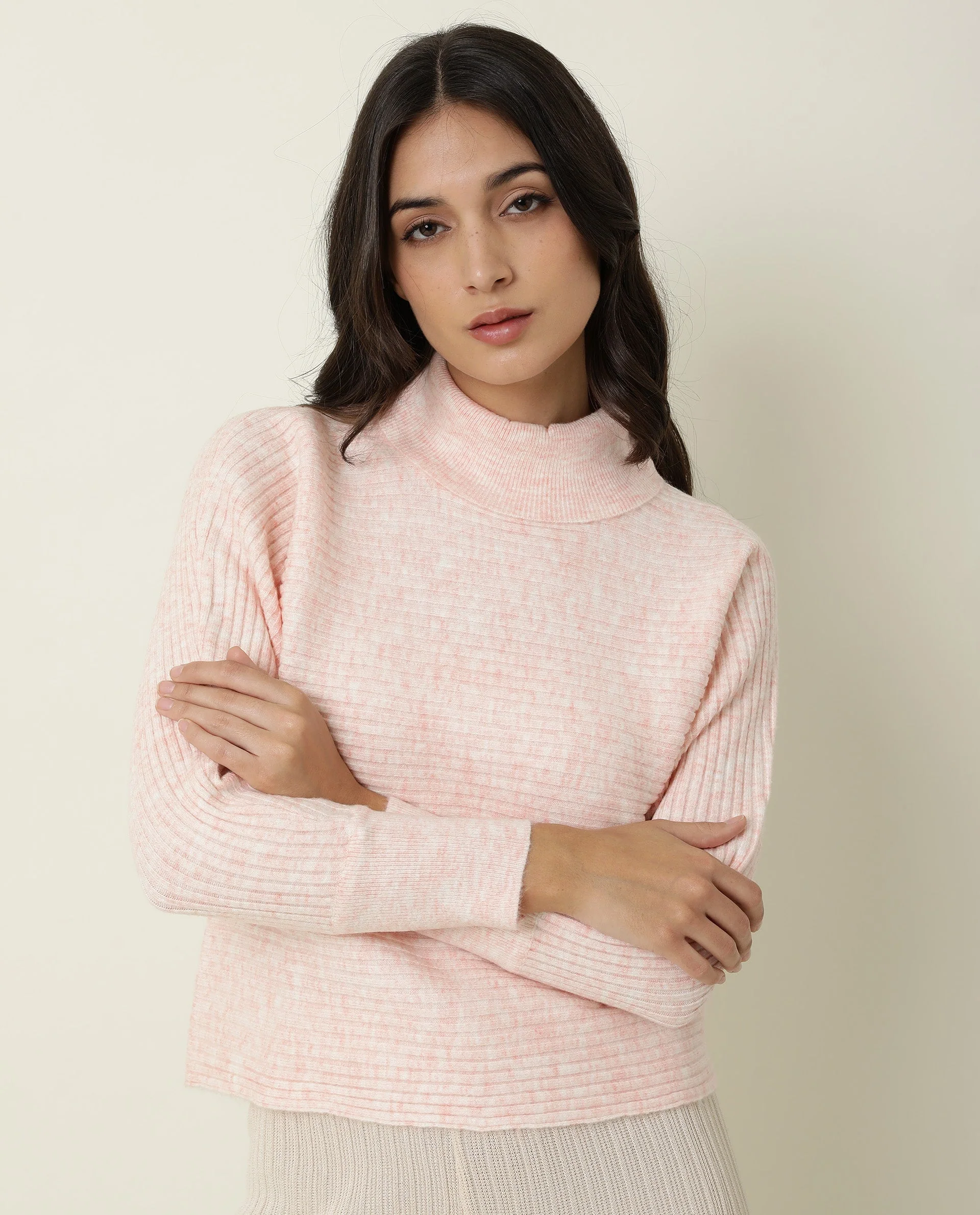 Rareism Women's Levour Pink Acrylic Turtle Neck Plain Relaxed Fit Sweater - Image 3