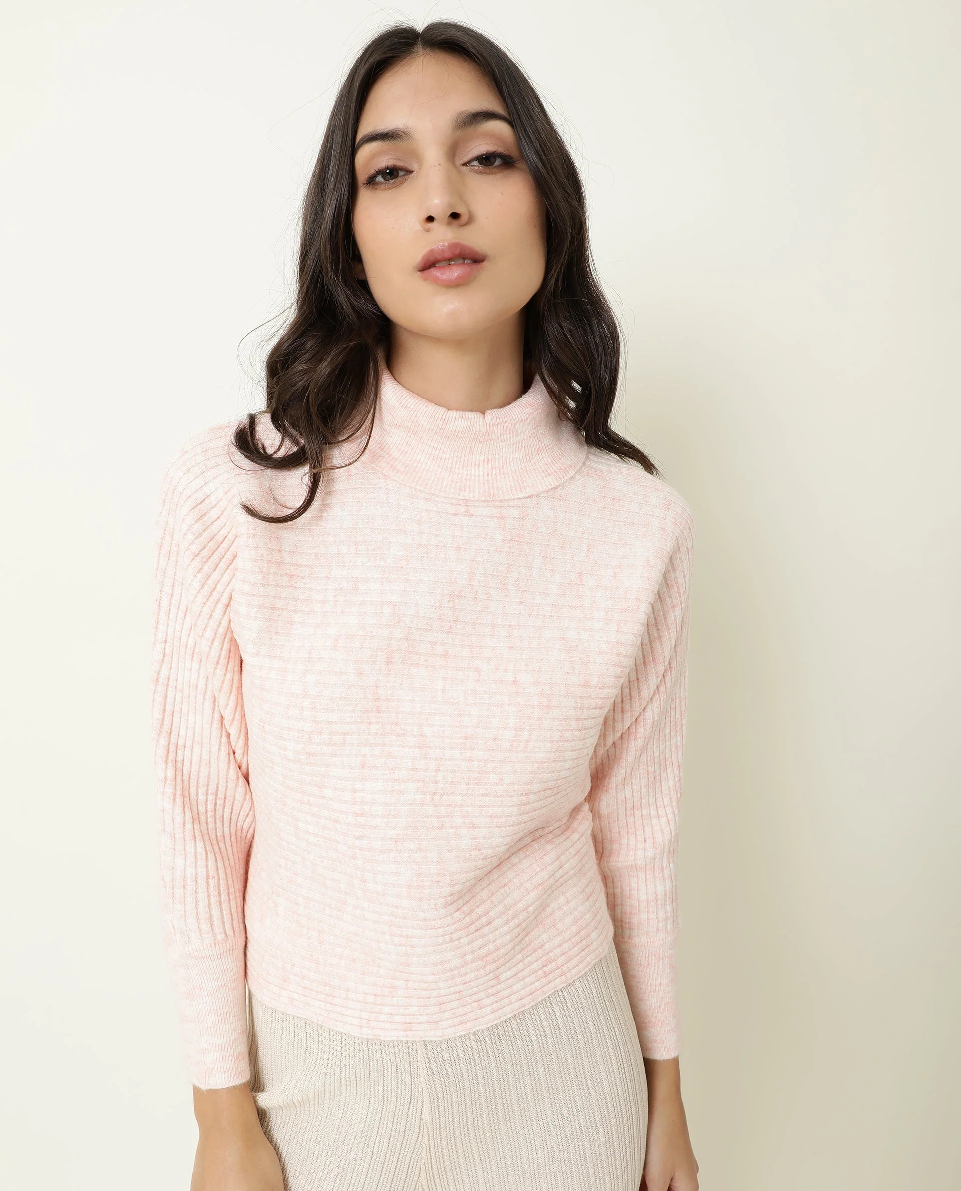 Rareism Women's Levour Pink Acrylic Turtle Neck Plain Relaxed Fit Sweater - Image 5